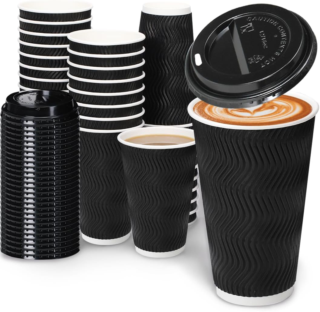 16oz Coffee Cups with Lids, 100 Pack Insulated Ripple Paper Cups, Disposable Coffee Cups for Water, Juice, Coffee (Black 16oz)