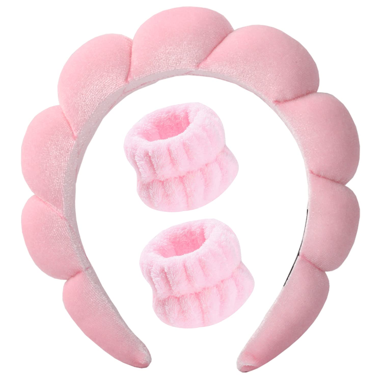 Luckybear Spa Headband for Washing Face, Velvet Makeup Headband, Bubble Skincare Headbands with Face Wash Wristbands, Sponge Puffy Headband for Women Skin Care – Pink