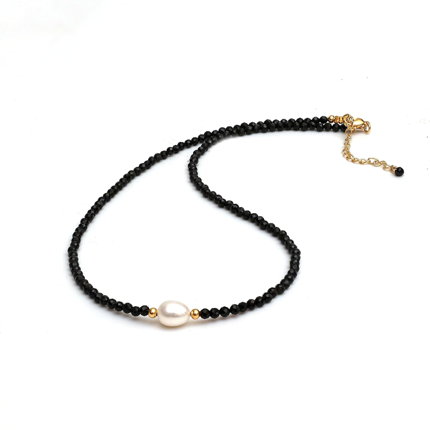 Gempires Black Spinel Necklaces for Women with Freshwater Pearl, Gemstone Collar Necklace, Pearl Choker Necklace, Party wear, Gift for Her, 14k Gold Plated 18 inch Adjustable Chain