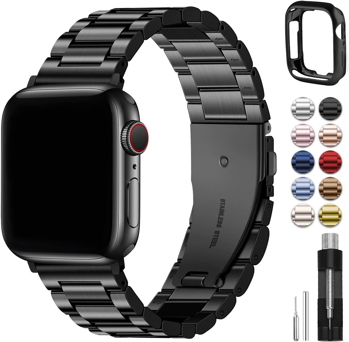 Fullmosa Compatible Apple Watch Bands 41mm 40mm 38mm 49mm 46mm 45mm 44mm 42mm, Metal iWatch Band with Case for Apple Watch Ultra Series 10 9 8 7 6 5 4 3 2 1 SE, 38mm 40mm 41mm Black