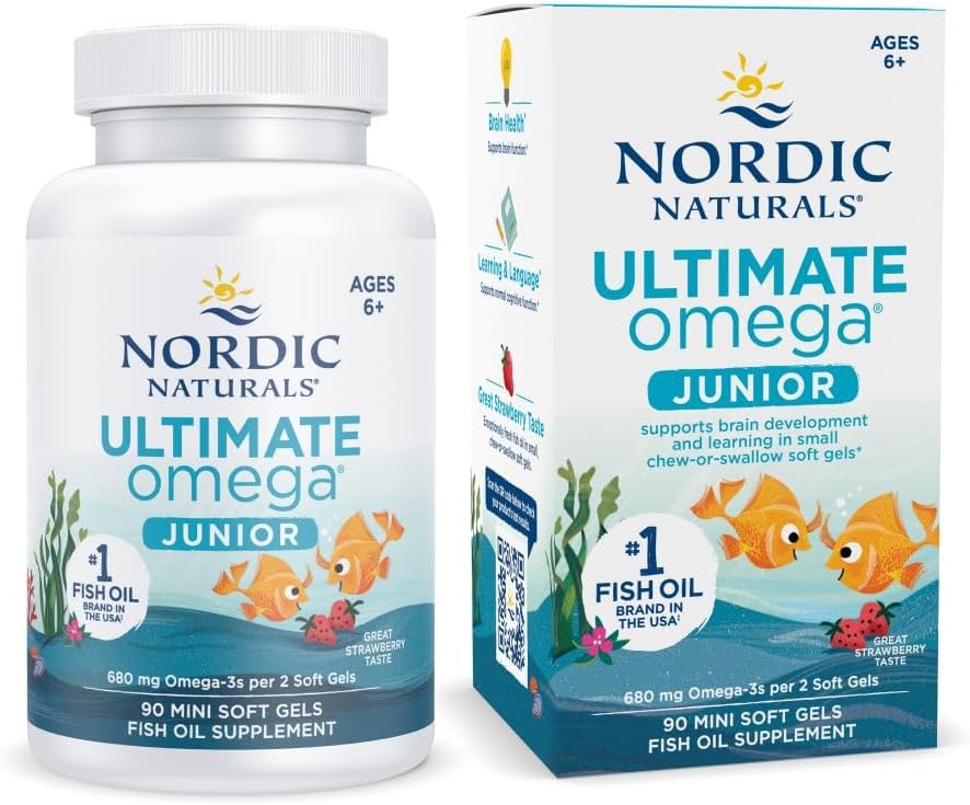 Nordic Naturals Ultimate Omega Jr., Strawberry – 90 Mini Soft Gels – 680 Total Omega-3s with EPA & DHA – Brain Health, Mood, Learning – Non-GMO – 45 Servings