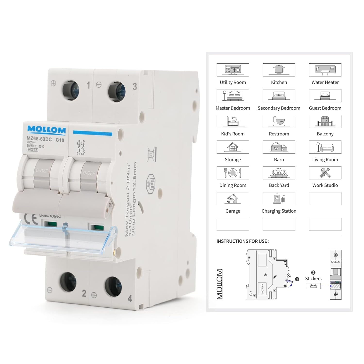 DC 2 Pole Miniature Circuit Breaker, 250V 16Amps, C16 Scene Visualization Custom MCB Thermal Magnetic Trip, 6KA Breaking Capacity DC Disconnect Switch for Solar PV System