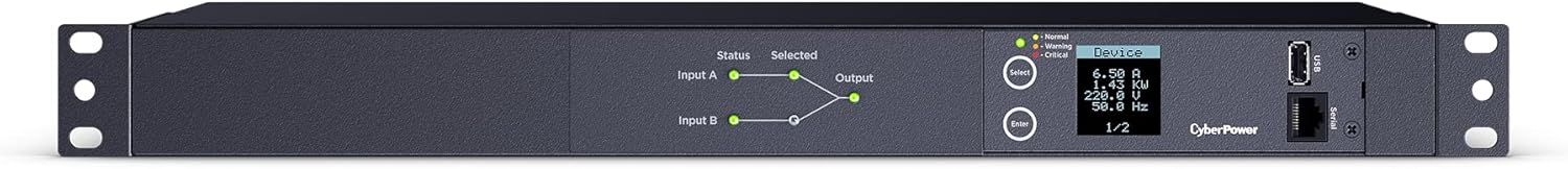 CyberPower PDU24005 Metered ATS PDU, 200-240V, 20A (Derated to 16A), 10 Outlets, 1U Rackmount