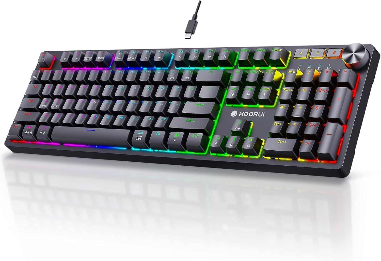 KOORUI Wired Gaming Keyboards with Brown Switch,Hot-Swap Mechanical Keyboard with Volume Knob, 26 RGB Backlit Light Up Keyboard, Full Keys Anti-Ghosting, Dual Color Injection Molded Keycaps for PC