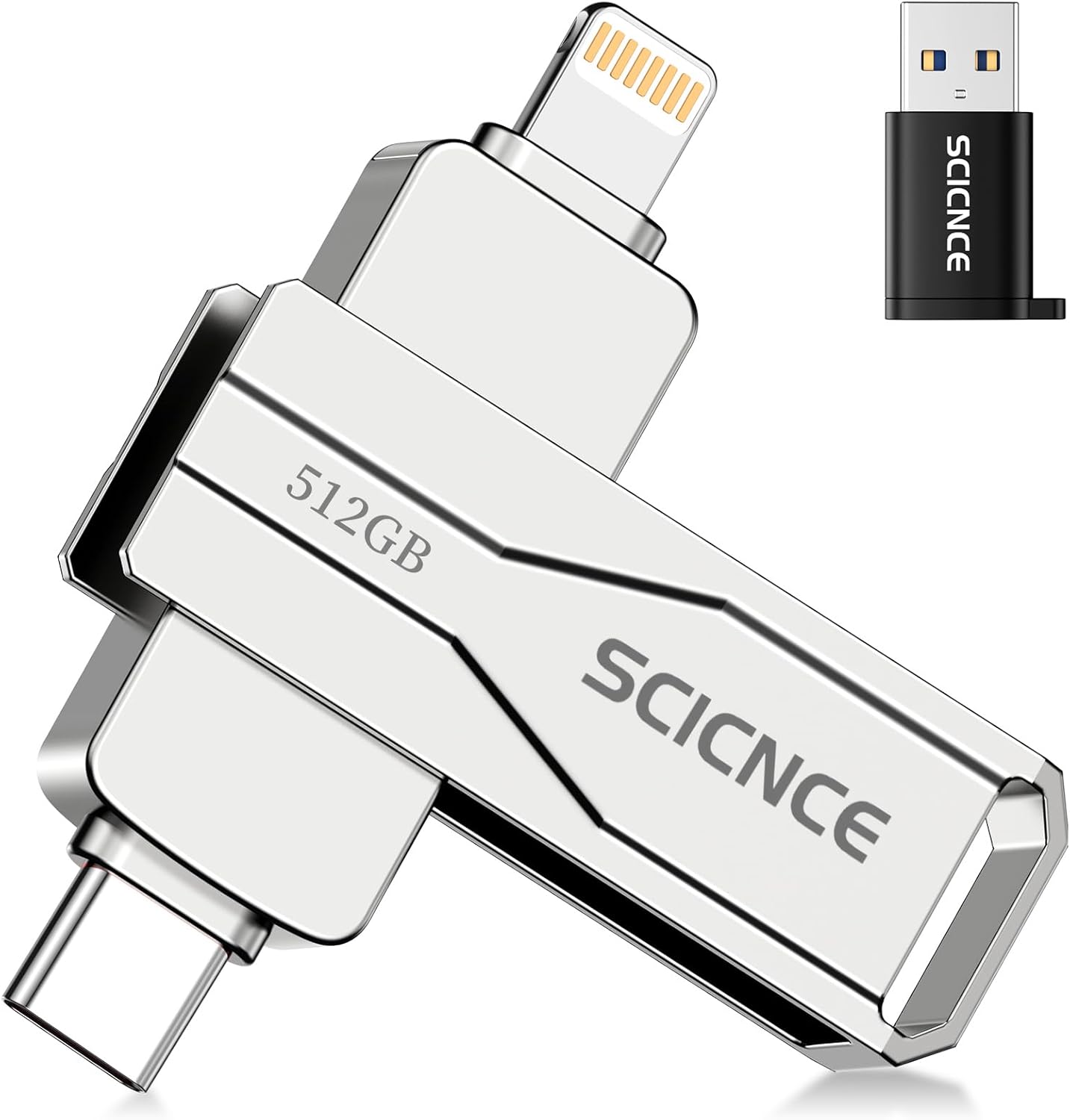 SCICNCE 512GB Flash Drive Intended for iPhone iPad, Memory Stick Storage for Photos and Videos Backup, Compatible with iPhone iPad Android PC, Plug and Play, No Application Required (Metal Silver)