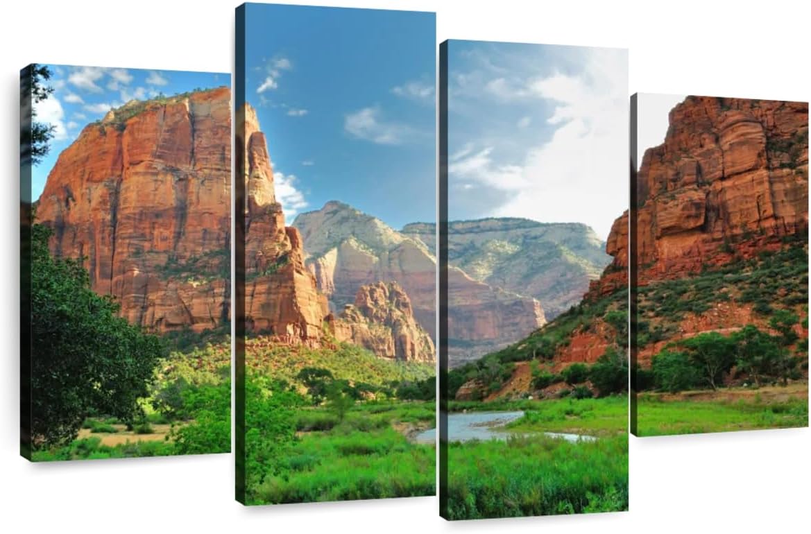 Elephant Stock Zion National Park Canyons Wall Art – Horizontal Canvas – 4-Piece Living Room Wall Decor – Nature Photography Canvas Print – Brown and Green Decor for Wall – 75″ X 48″