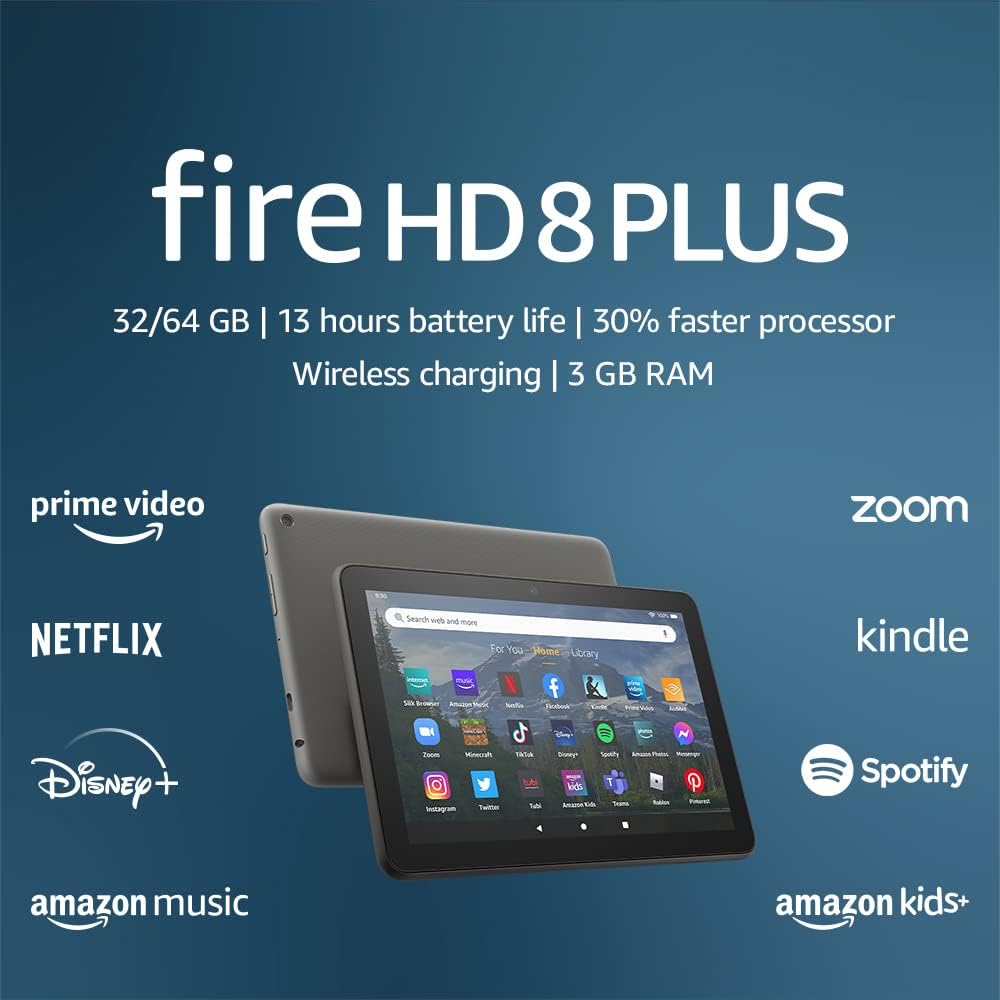 Amazon Fire HD 8 Plus tablet, 8” HD Display, 32 GB, 30% faster processor, 3GB RAM, wireless charging, (2022 release), Gray