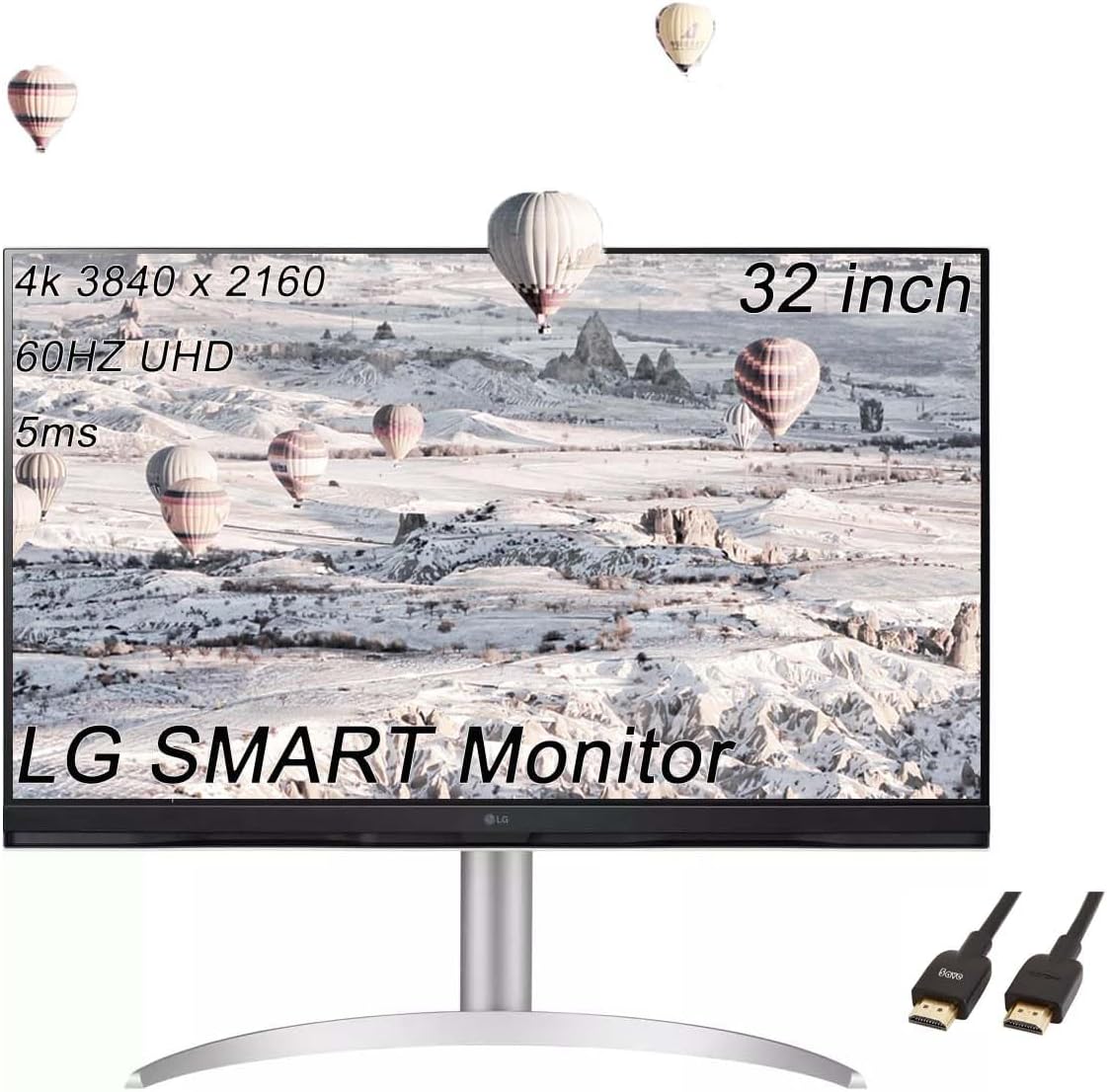 LG 32 inch 4K Smart Monitor, 16:9 Ultra HD (3840×2160) LCD Display, 60Hz, 5ms, AMD FreeSync, with webOS, ThinQ Home, USB Type-C, 2x5W Stereo Speakers, Bluetooth, AirPlay 2, with 5ave HDMI Cable