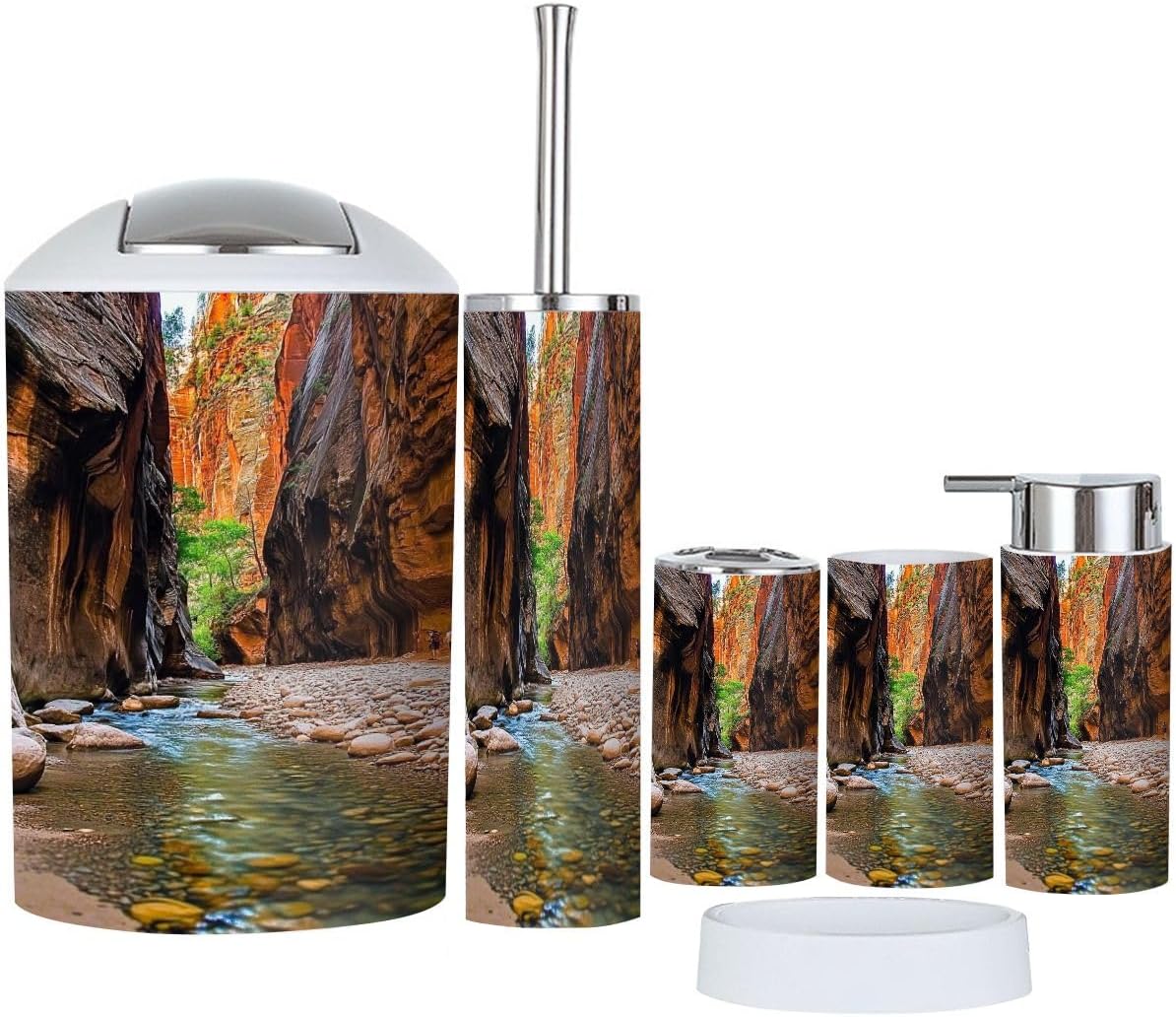 Bathroom Accessory Set 6 Piece Zion Canyon Narrows Toothbrush Holder, Toothbrush Cup, Soap Dispenser, Soap Dish, Toilet Brush Holder, Trash can