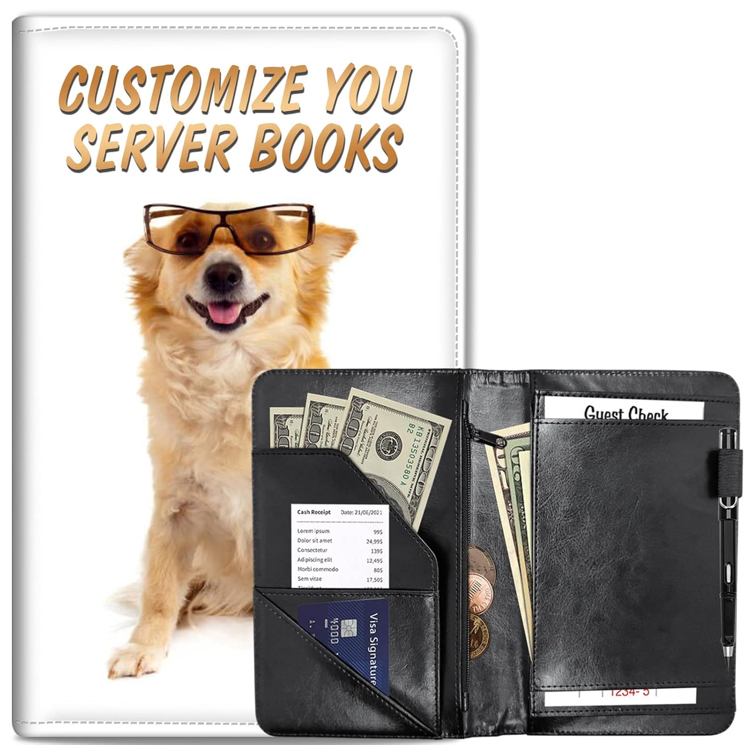 Customized Server Book for Waitress, Leather Waiter Book Server Wallet with Hidden Zipper Pocket Pen Holder Cute Waitress Book&Waitstaff Organizer with Money Pocket Fit Server Apron