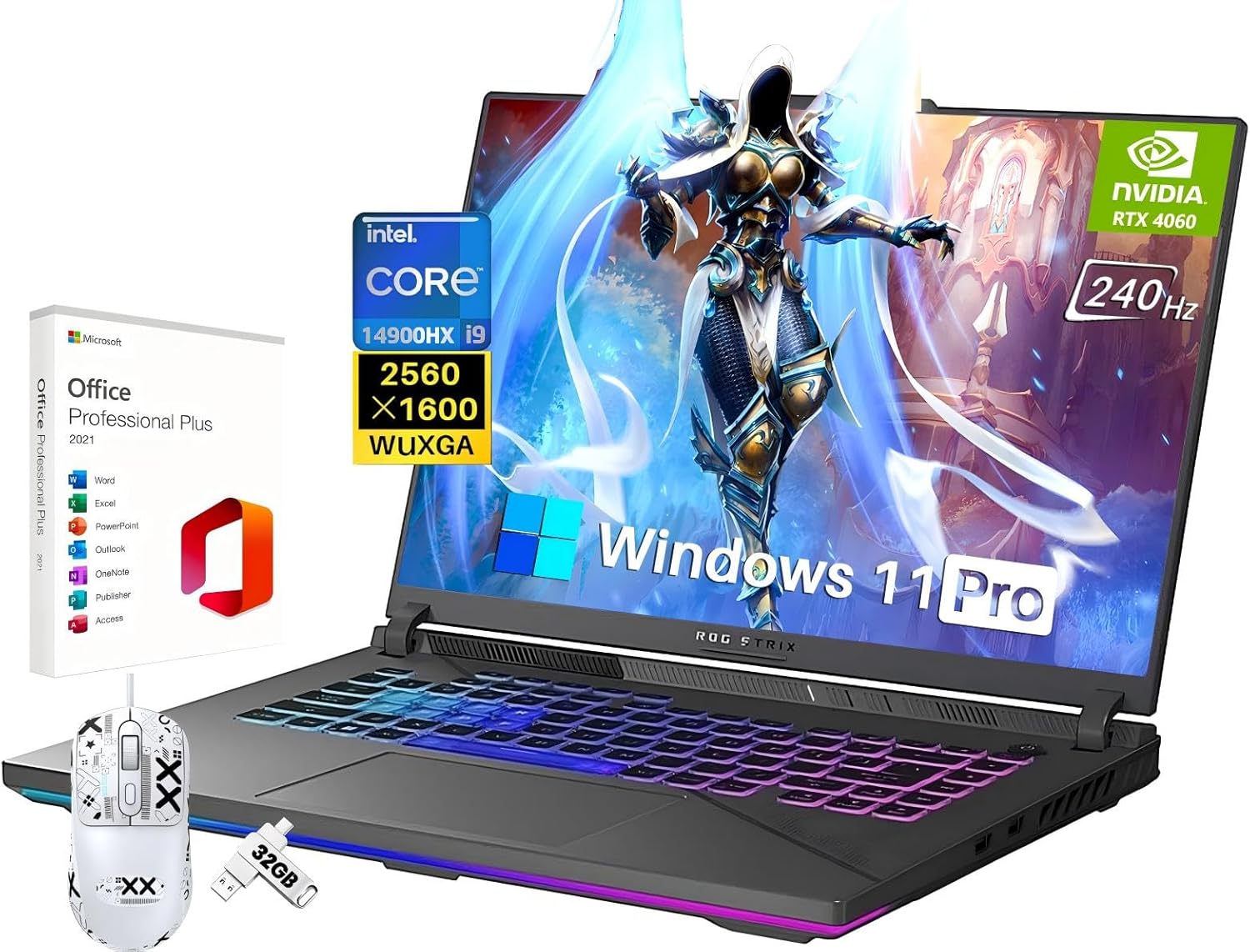 ASUS Newest ROG Strix 16 Gaming Laptop, 16″ ROG Nebula Display 240Hz QHD+, Intel i9-14900HX, GeForce RTX 4060, 32 GB DDR5, 1 TB SSD, Backlit KB, Wi-Fi 6E, Win 11 Pro, Lifetime Office & Nonslip Mouse