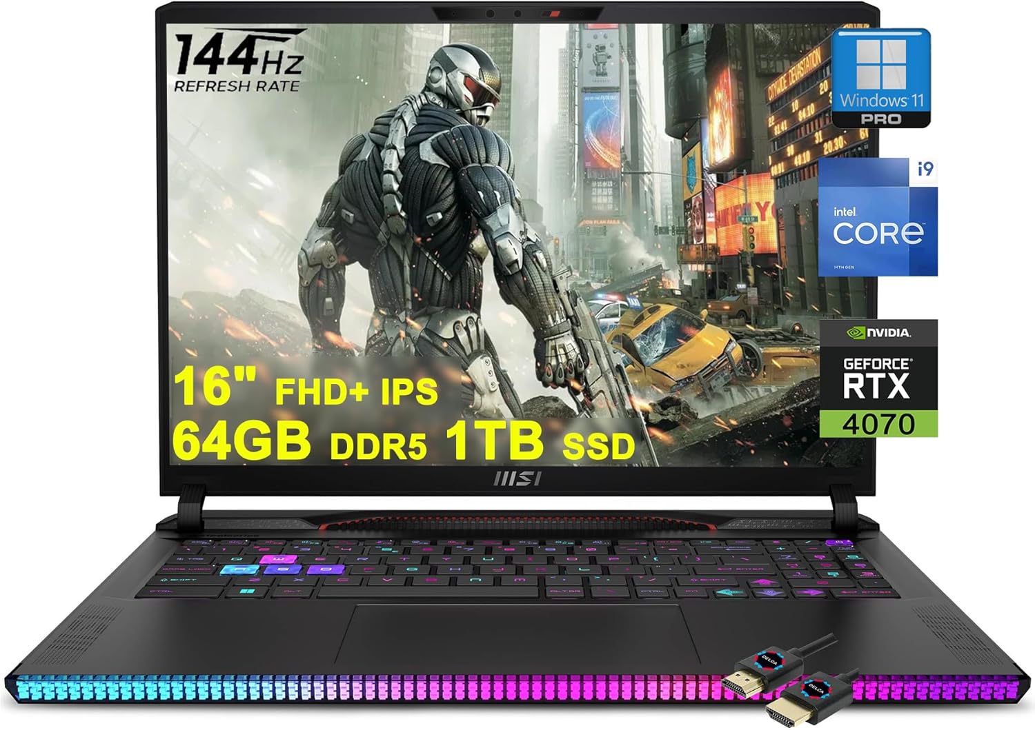 MSI Raider GE68HX Gaming Laptop | 16″ FHD+ IPS 144Hz | Intel 24-core i9-14900HX | 64GB DDR5 1TB SSD | GeForce RTX 4070 | RGB Backlit Thunderbolt4 Dynaudio FHD IR Privacy Camera Win11Pro + HDMI Cable