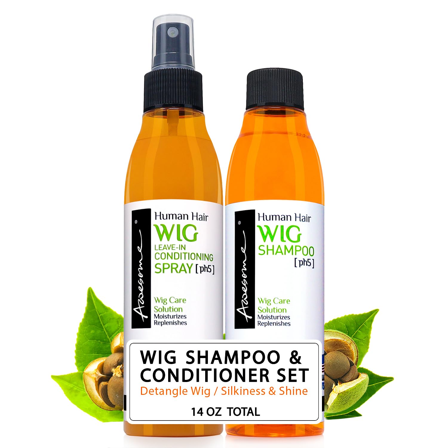 Awesome Human Hair Wig Shampoo & Leave in Conditioner, Premium Set of 2, Wig Care Solution, Detangle Wig, Promotes Body & Volume, Promote Silkiness & Shine, Easy Combing, 7 fl oz