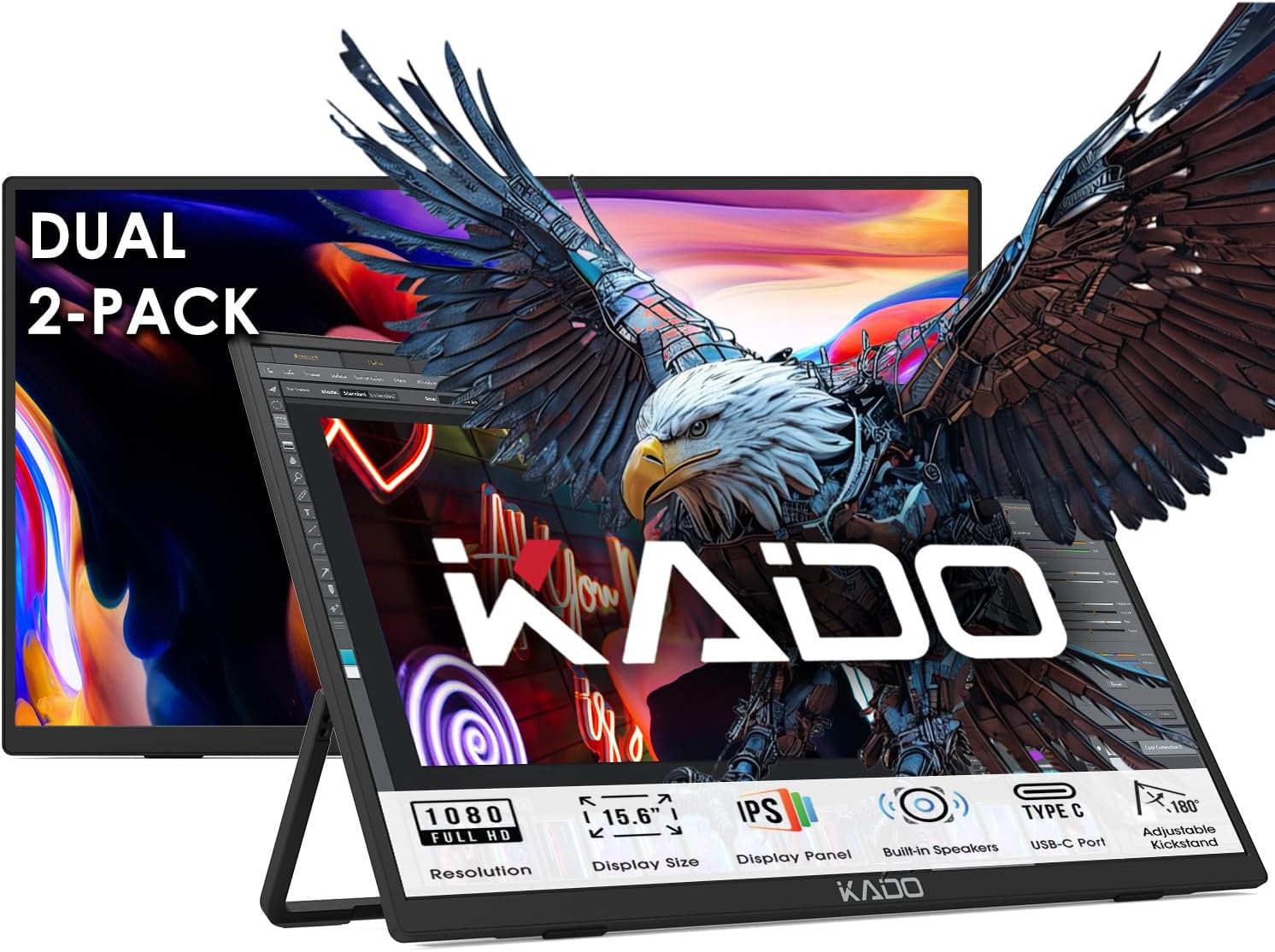 Kado Dual Portable Monitor Setup – 2-Pack 15.6” FHD 1080p, Ultra-Slim Laptop Monitor 1920×1080 with Built-in Speakers, IPS Display 180° Kickstand Stacked Monitor Setup Office Gaming Daytrading