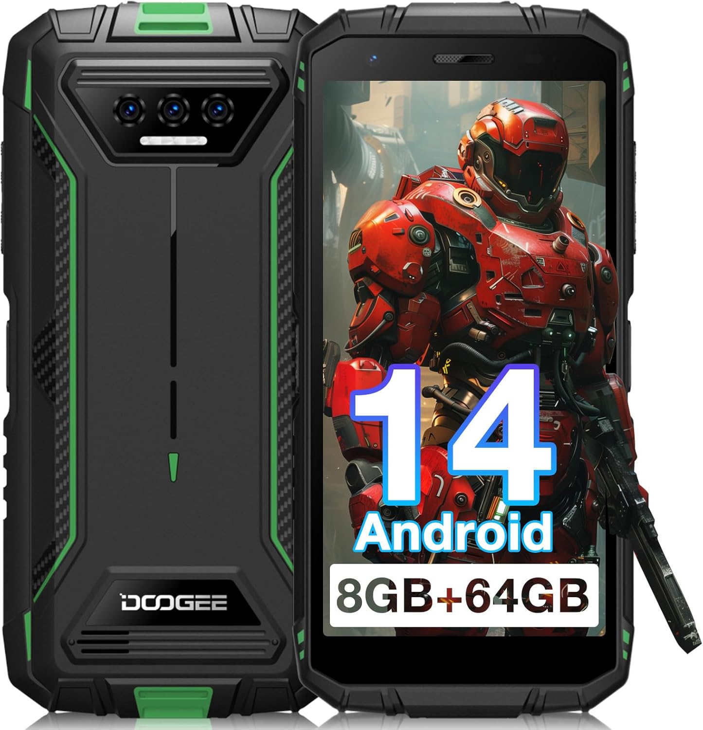 DOOGEE S41T Rugged Phone Unlocked 2024,Android 14 6300mAh Battery,8GB+64GB,4G Dual Sim Rugged Smartphone,13MP Camera,IP68 Waterproof Cell Phone,Face Unlock,NFC/T-Mobile,Green