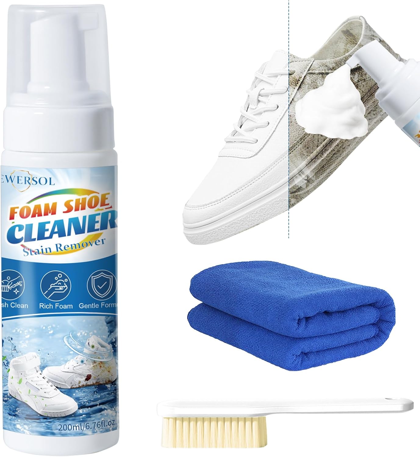 Shoe Cleaner for White Sneakers Leather Tennis Boots Canvas 6.76 Oz Shoe Cleaning Kit Foam with Brush & Towel