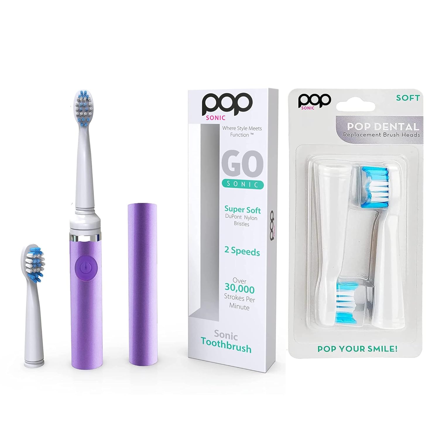 Pop Sonic Electric Toothbrush (Purple) Bonus 2 Pack Replacement Heads – Travel Toothbrushes w/AAA Battery | Kids Electric Toothbrushes with 2 Speed & 15,000-30,000 Strokes/Minute