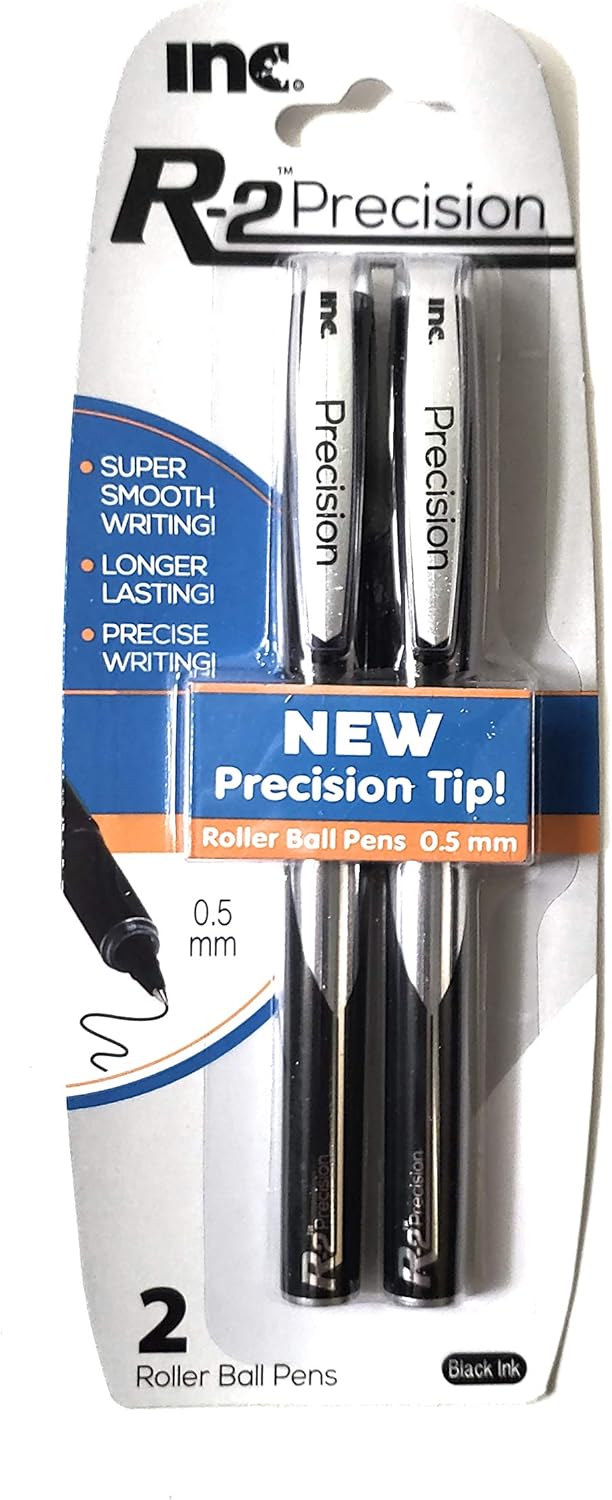 I-N-C R-2 Precision 0.5 Roller Ball Pens, Black, 2 Count