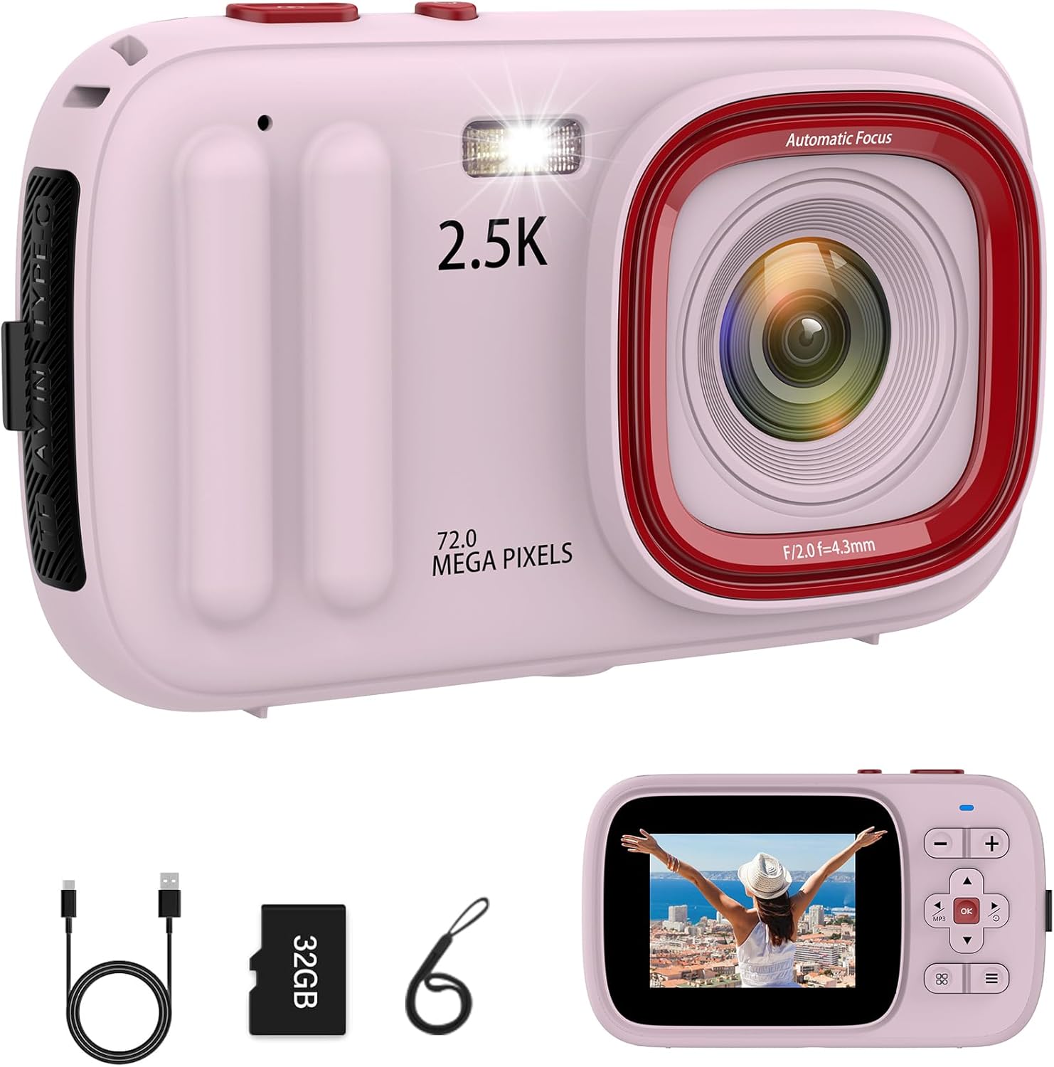 Digital Camera 72MP 2.5K Compact Point and Shoot Camera, 16X Zoom Auto Focus, Vintage Camera for Kids with 32GB Card – Ideal Retro Camera Gift for Teens, Students, Boys, Girls, Kids,Pink