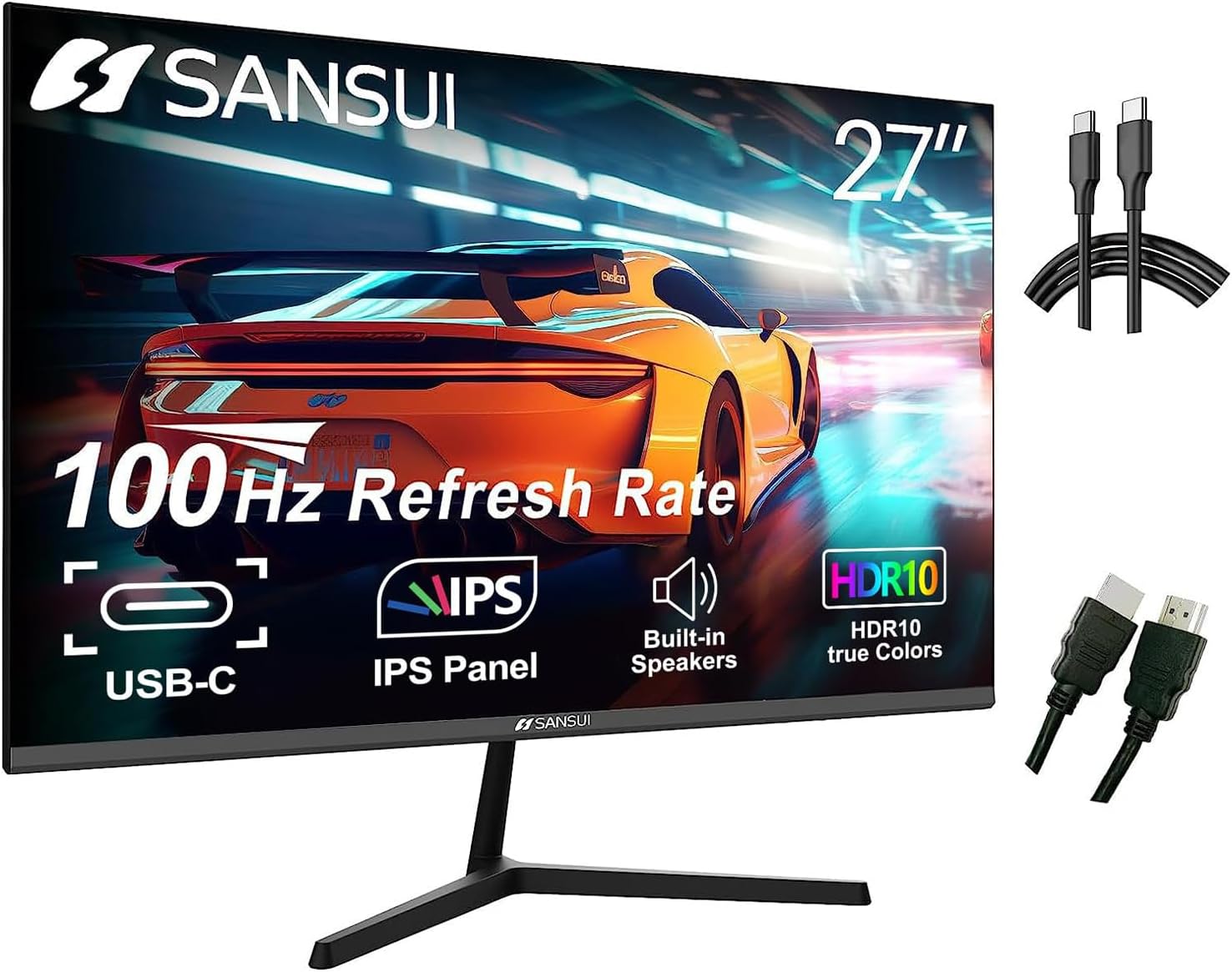 SANSUI 27 Inch Monitor with Built-in Speakers, IPS USB Type-C 100 Hz FHD 1080P HDMI DP HDR10 Game RTS/FPS Tilt Adjustable VESA Compatible for Working Gaming(ES-27X3 Type-C & HDMI Cable Included)