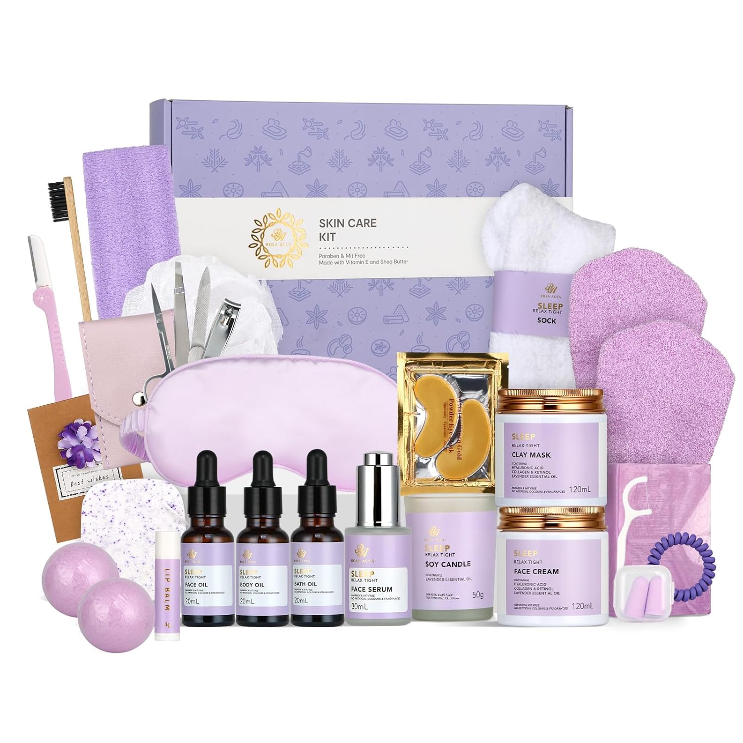 Facial Skin Care Set & Spa Kit – Mothers Day Gift Ideas, Self-care Relaxation Gifts, Skin Care Collection with Essential Oils, Hyaluronic Acid, Vitamin E. (Lavender)