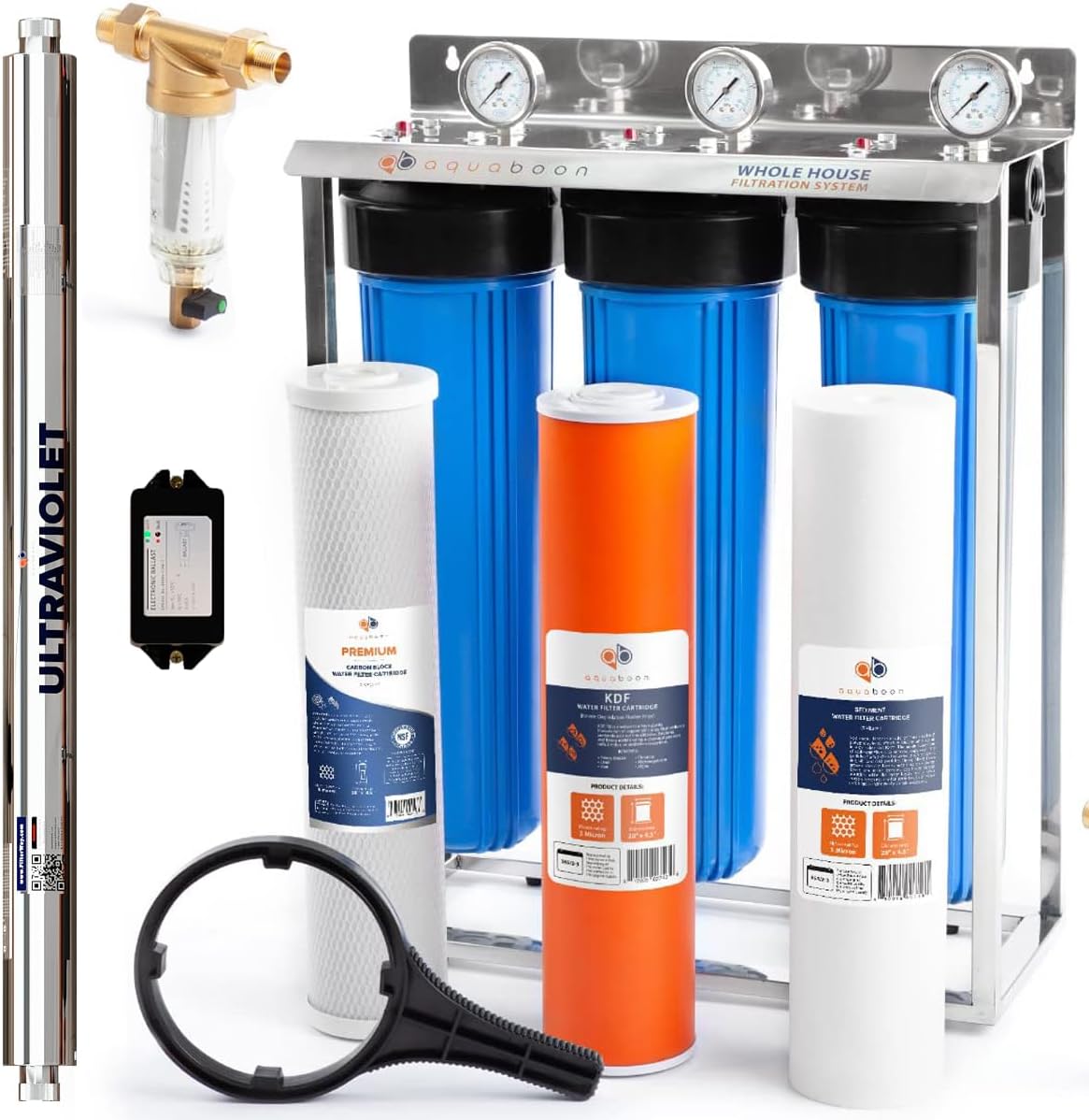 Aquaboon 20″ 3 Stage Whole House Water Filtration System with Big Housings and Pressure Gauges – UV Lamp, KDF Filter, Carbon Block, Sediment Filter Cartridges, Steel Frame