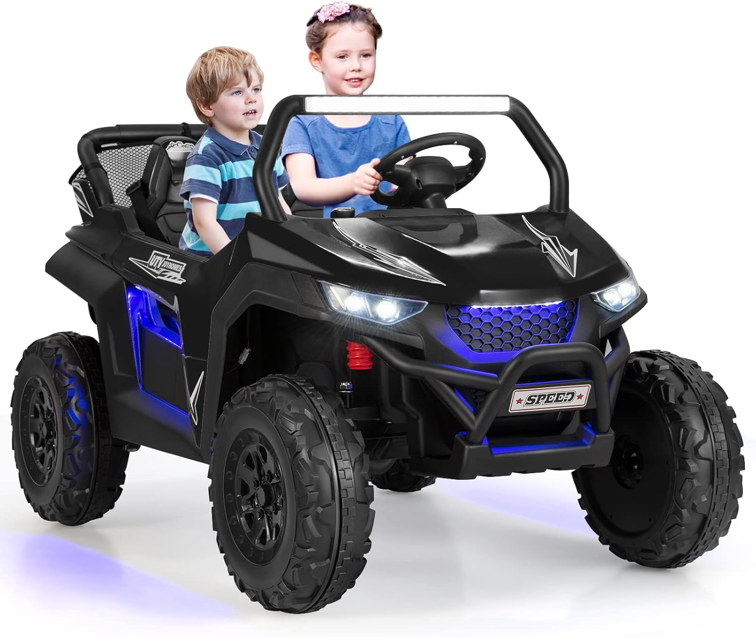 Costzon 2-Seater Ride on Car for Kids, 12V Kids’ Electric Vehicles w/Remote Control, 4 Shock Absorbers, Wireless Music & FM, 3 Speeds, Ambiance Lights, Kids Electric UTV, Electric Car for Kids (Black)