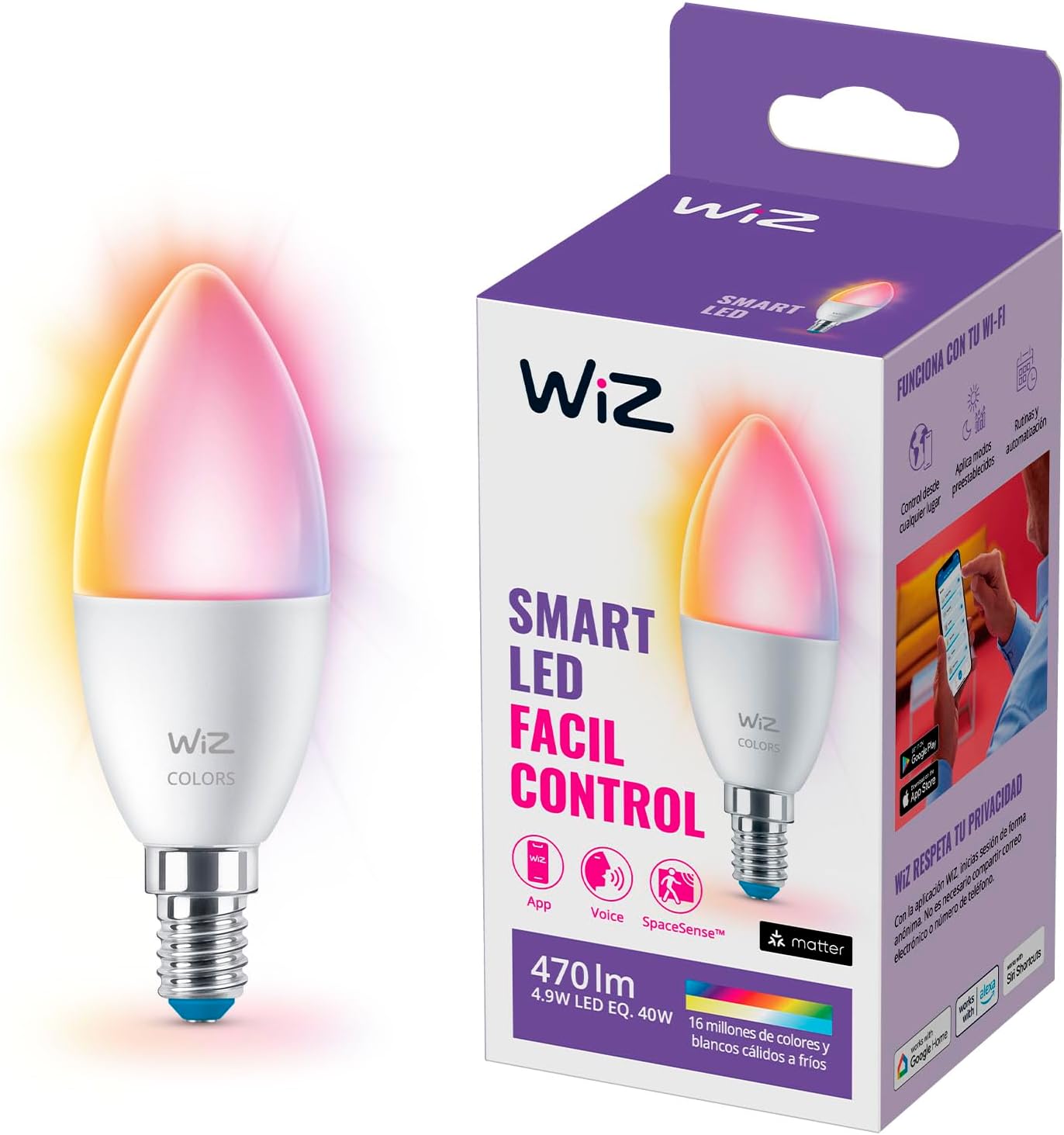 WiZ 40W B12 Color LED Smart Candle-Shaped Bulb – Pack of 1 – E26- Indoor – Connects to Your Existing Wi-Fi – Control with Voice or App + Activate with Motion – Matter Compatible