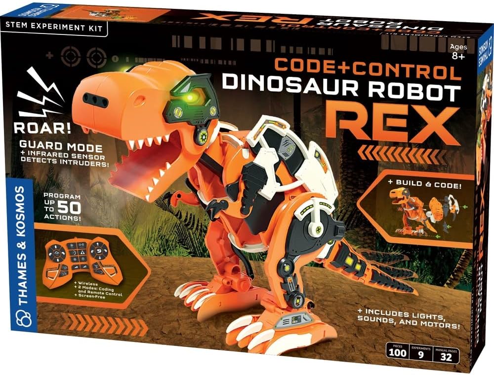 Thames & Kosmos Code+Control Dinosaur Robot REX Robotics & Engineering STEM Kit | Build & Program a Robotic T. Rex | Includes Sensor, Motor, Lights & Sounds | No App Required | Ages 8+