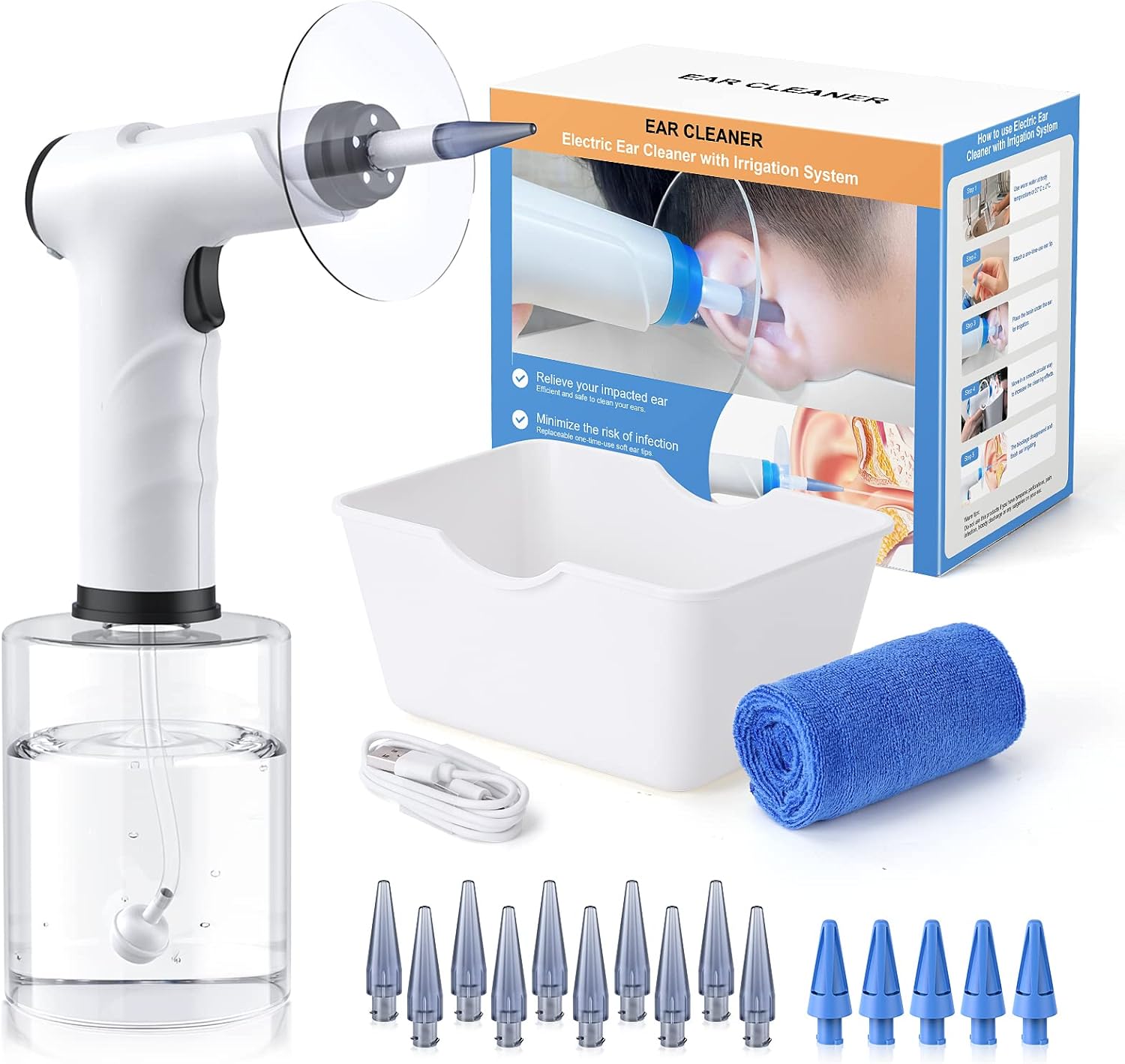 Ear Wax Removal, Electric Ear Cleaning Kit with Light, FSA HSA Eligible, Ear Irrigation Kit with 4 Pressure Modes, Safe and Effective Ear Flush Kit with Ear Cleaner – Includes Basin, Towel & 15 Tips