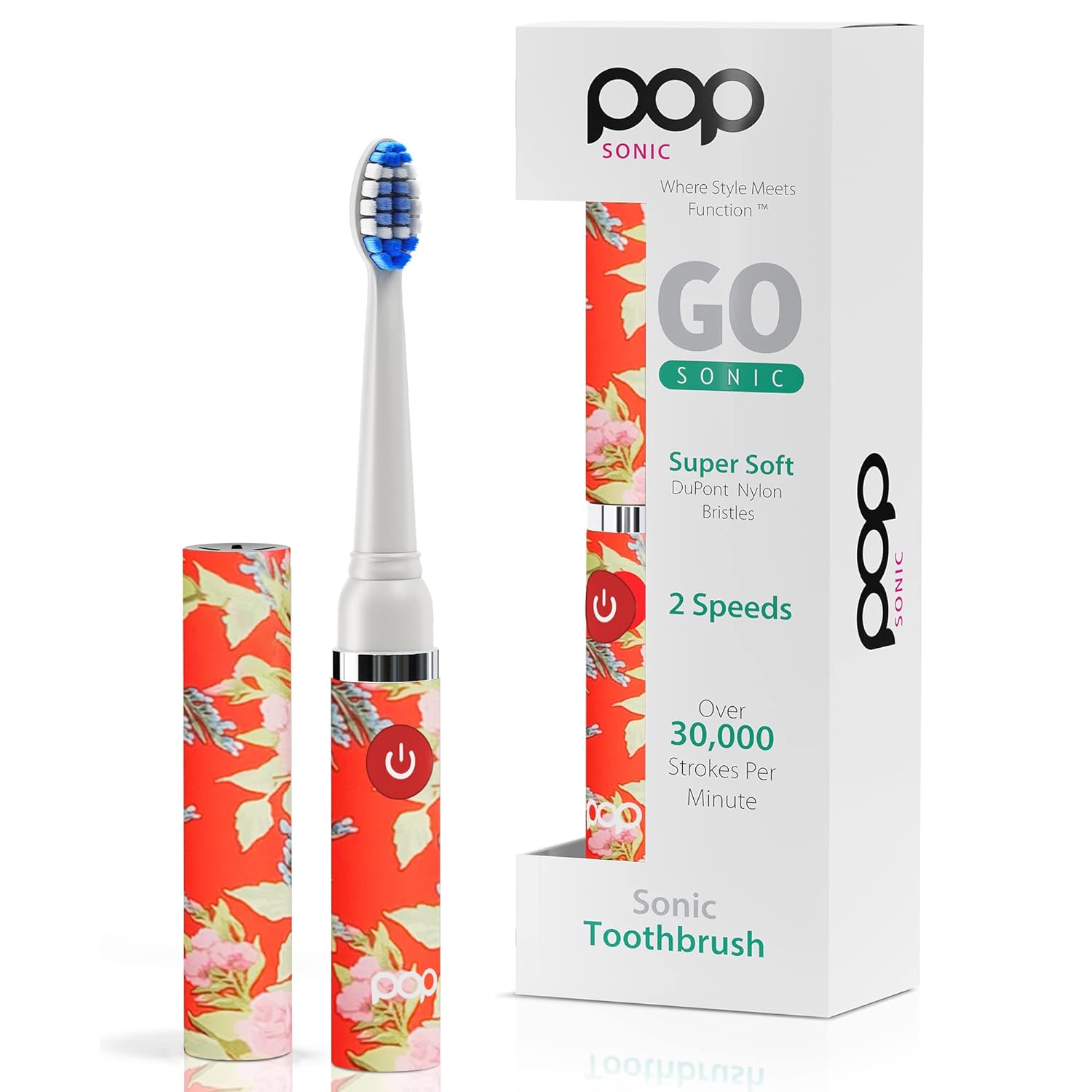 Pop Sonic Electric Toothbrush (Red Floral) – Travel Toothbrushes w/AAA Battery | Kids Electric Toothbrushes with 2 Speed & 15,000-30,000 Strokes/Minute, Dupont Nylon Bristles