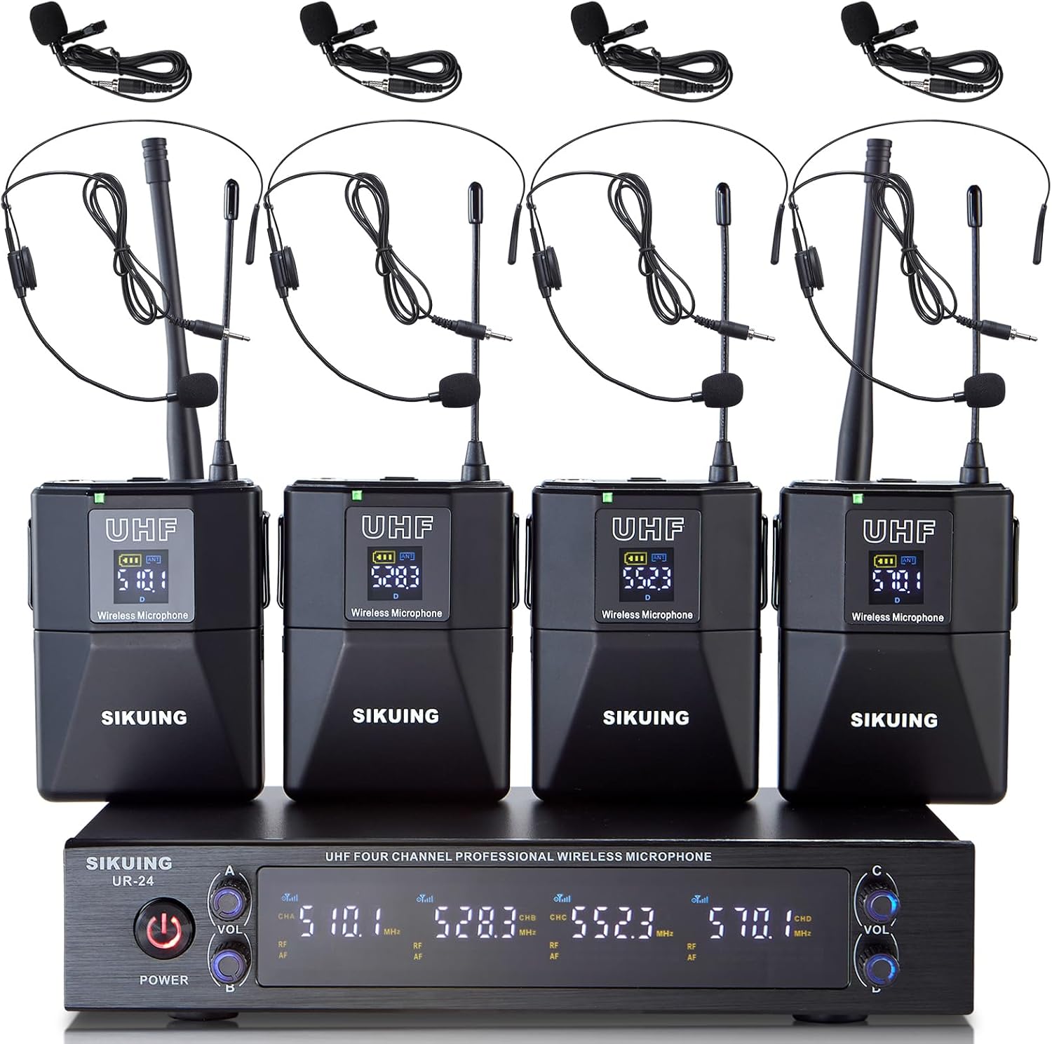 4 Channel UHF Wireless Microphone System with Lavalier Headset Mics, 4×50 Adjustable Frequencies, Ideal for Karaoke Meeting Church, 300ft Range (4 Bodypack)