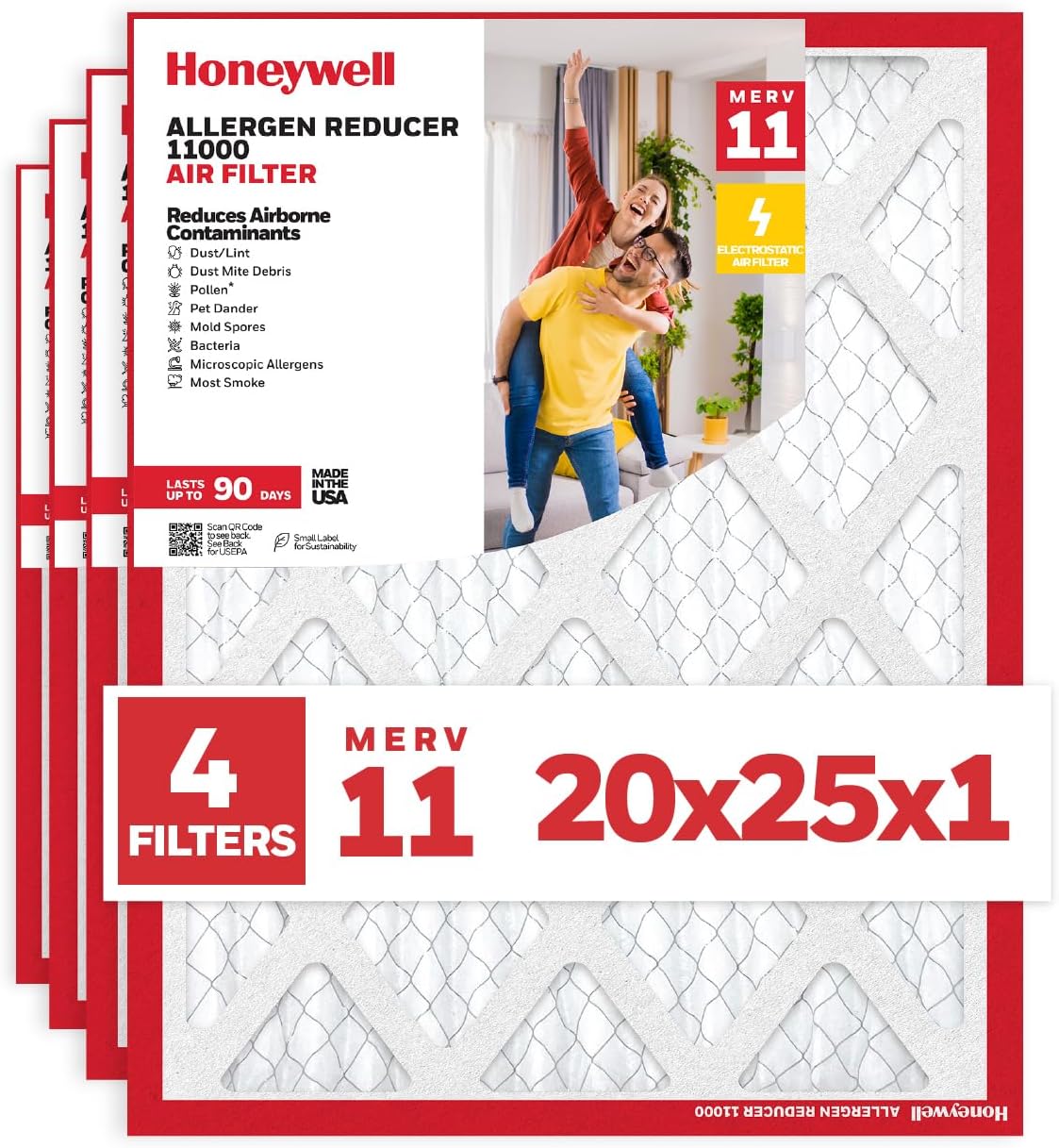 Honeywell 20x25x1 MERV 11 Allergen Reducer 11000 Electrostatic Pleated HVAC AC Furnace Air Filter (4-Pack) | Replacement Filter for Home Use | Made in USA