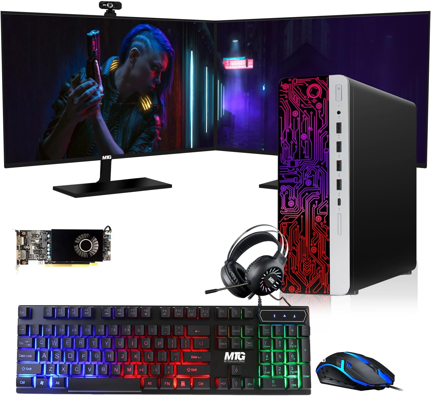 HP G3 Gaming Desktop PC, Intel Core i7 6th Gen, AMD RX 550 Graphics, 32GB RAM, 240GB SSD + 2TB HDD, MTG 24 Inch Dual Monitor, RGB Keyboard Mouse, Headphone, Webcam, Win 10 Pro (Renewed)