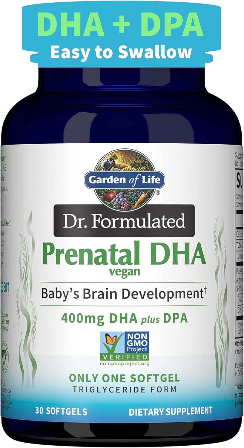 Garden of Life Dr. Formulated Prenatal Vegan DHA – Certified Vegan Omega 3 Supplement with 400mg DHA + DPA from Algal Omega 3 in Triglyceride Form, Non-GMO Algae Omega 3 for Vegans, 30 Softgels