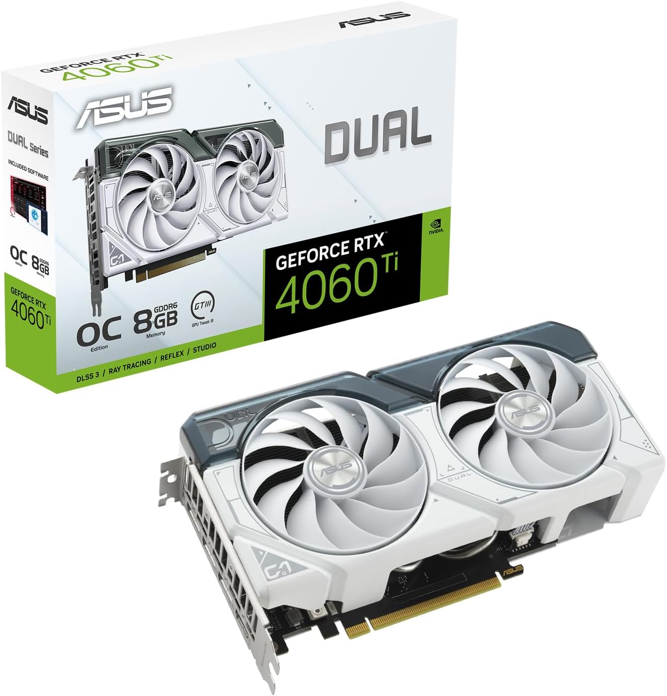 ASUS Dual NVIDIA GeForce RTX 4060 Ti OC Edition / White – Gaming Graphics Card (8GB GDDR6X, PCIe 4.0, DLSS 3, HDMI 2.1, Display Port 1.4a, Axial Fans, 0dB Technology)