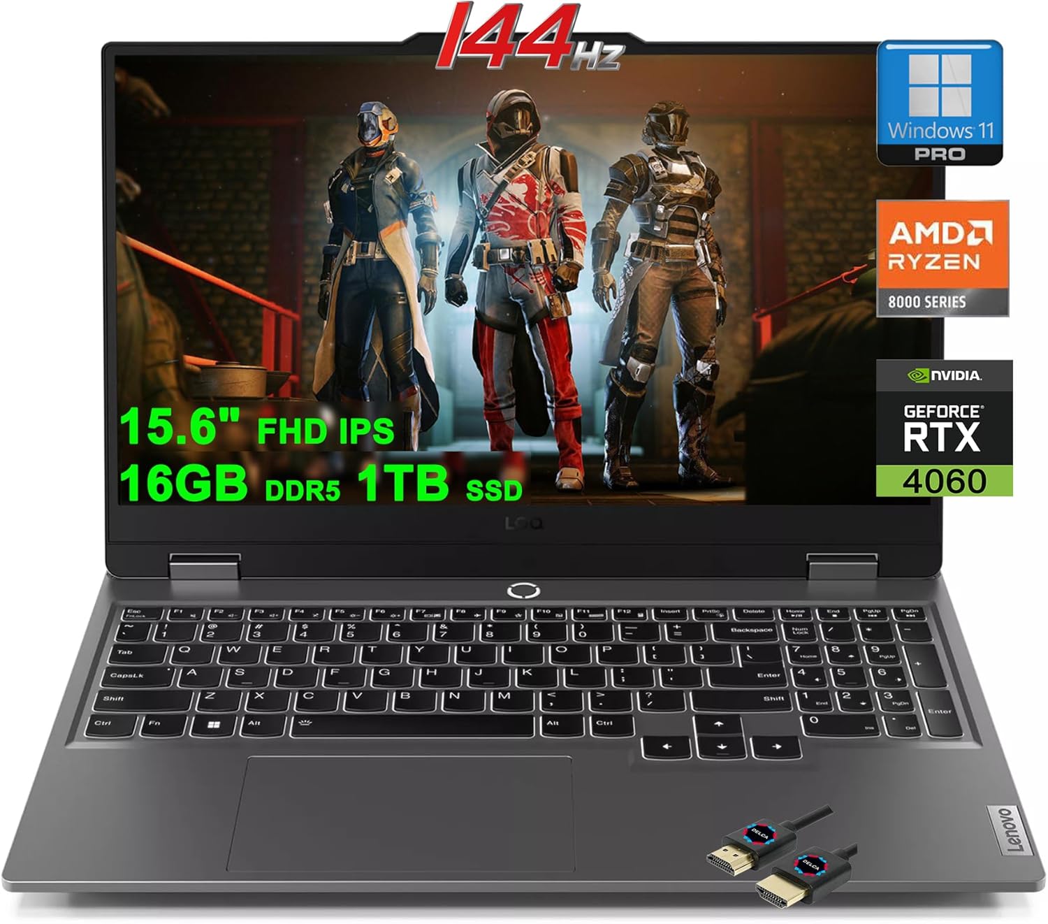 Lenovo LOQ Gaming Laptop | 15.6″ FHD IPS 144Hz | AMD Zen4 8-core Ryzen 7 8845HS (>i7-12700H) | 16GB DDR5 1TB SSD | GeForce RTX 4060 8GB Graphic | Backlit Rapid Charge Win11Pro Grey + HDMI Cable