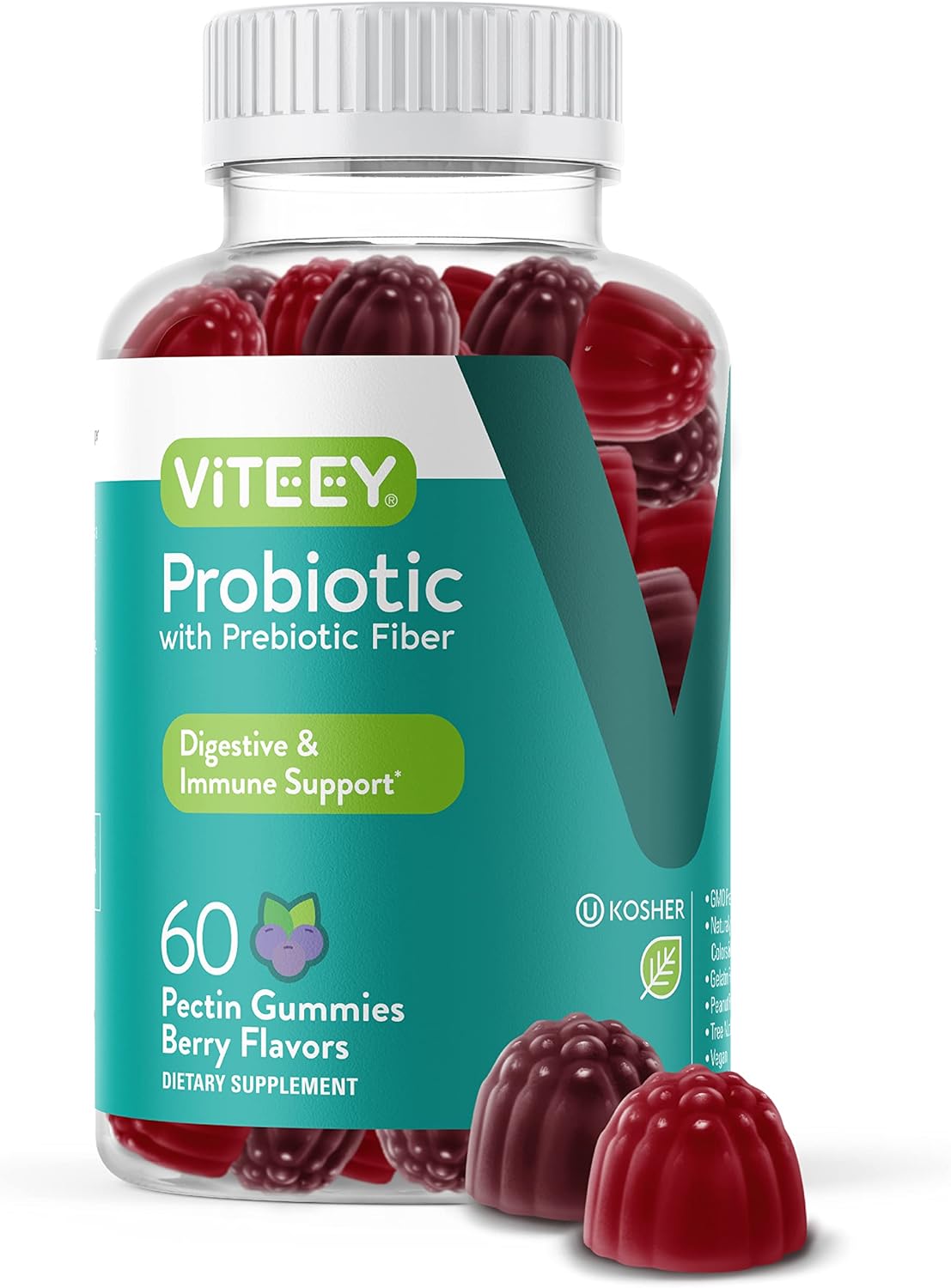 Probiotic Gummies with Prebiotic Fiber, Extra Strength 2 Billion CFUs – Prebiotics and Probiotics for Immune & Digestive Support – Vegan, Gelatin Free, GMO Free – Tasty Chewable Berry Flavored Gummy