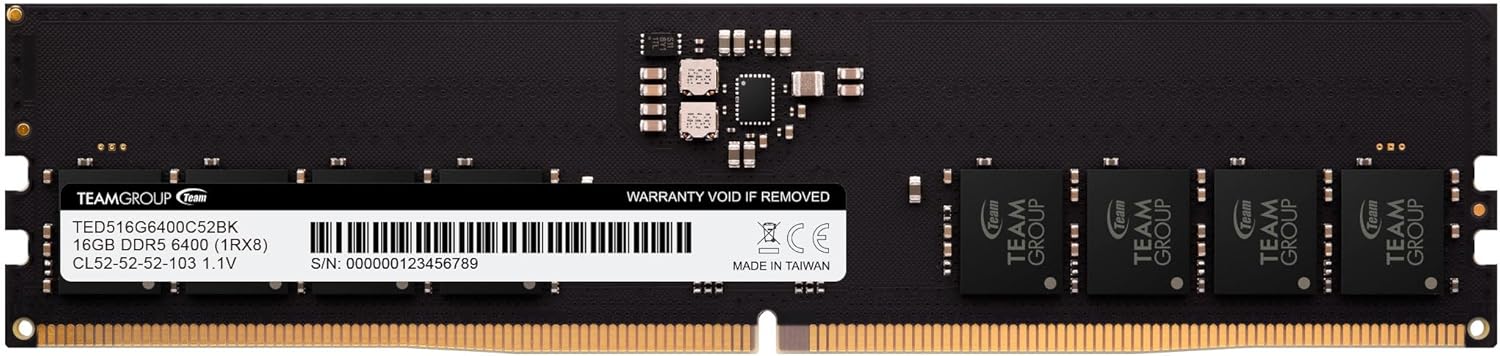 TEAMGROUP Elite DDR5 16GB 6400Mhz PC5-51200 CL52 Non-ECC Unbuffered UDIMM 288 Pin PC Computer Desktop Memory Module Ram Supports Intel & AMD-TED516G6400C5201