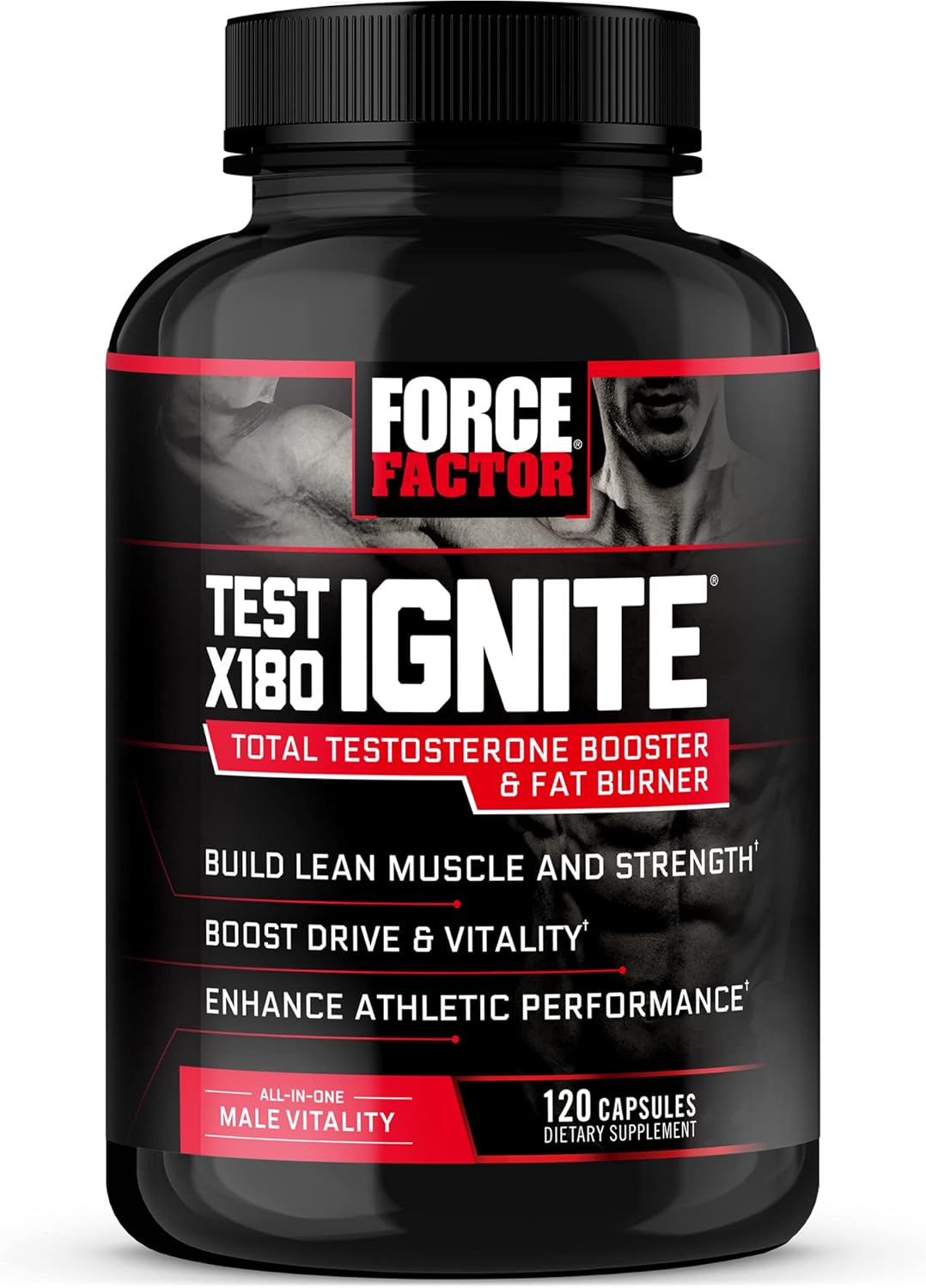 Force Factor Test X180 Ignite Total Testosterone Booster for Men with Fenugreek Seed and Green Tea Extract to Build Lean Muscle, Boost Energy, and Improve Performance, 120 Count