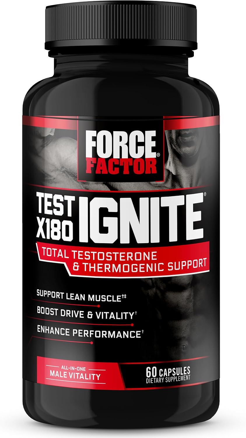 Force Factor Test X180 Ignite Testosterone Booster for Men, Testosterone Support Supplement to Help Burn Fat, Boost Vitality, and Increase Energy, 60 Capsules