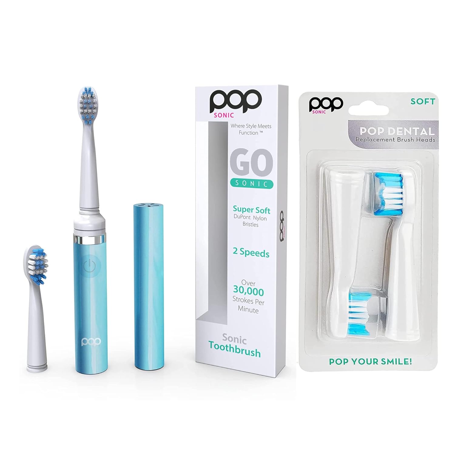 Pop Sonic Toothbrush (Blue Pastel) Bonus 2 Pack Replacement Heads – Battery Powered Toothbrush w/ 2 Speed & 15,000-30,000 Strokes/Minute Vibrations