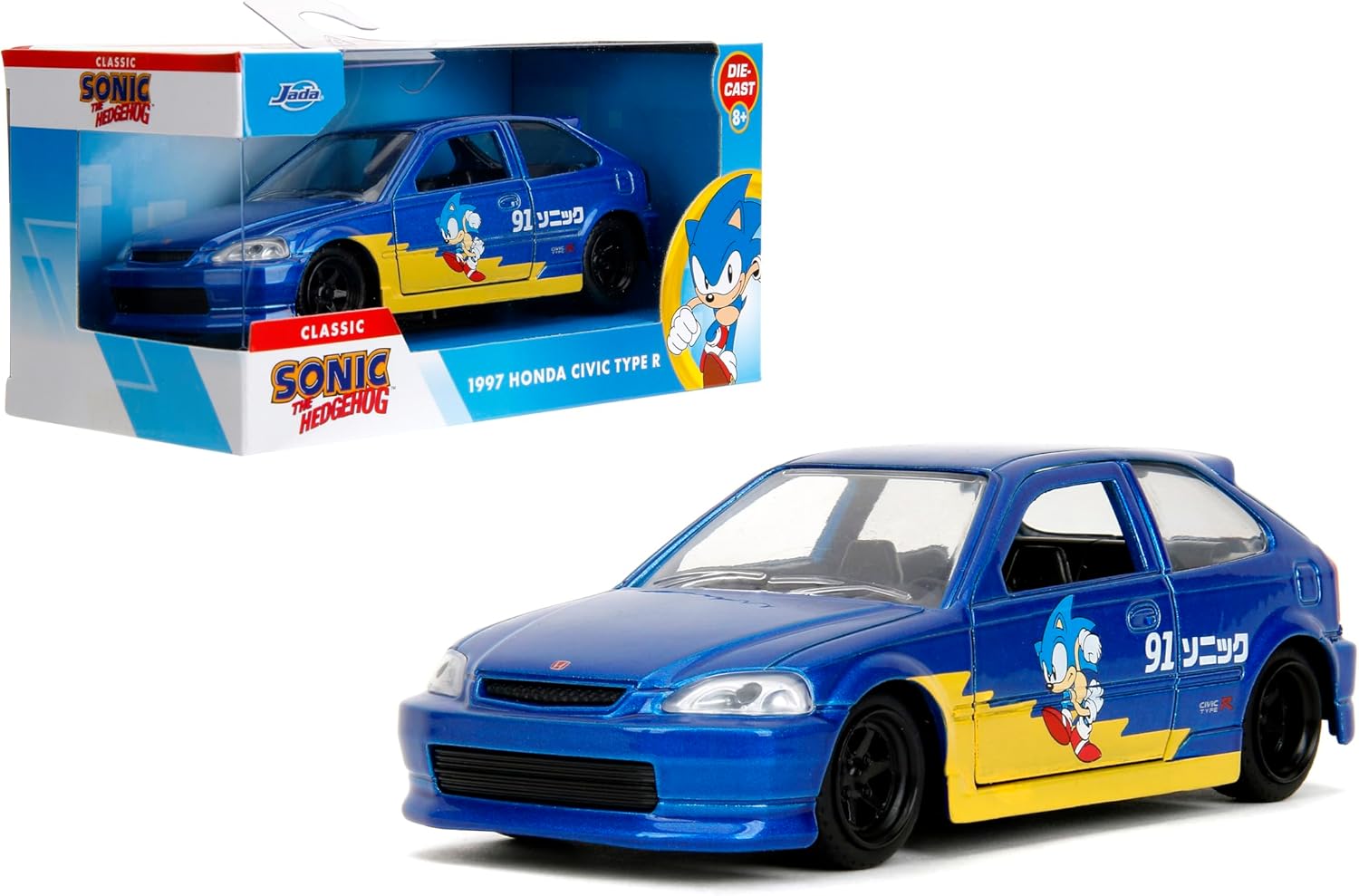 Jada Toys Sonic The Hedgehog with 1997 Honda Civic Type-R Die-Cast Car – 1:32 Scale, Highly Detailed Collectible Model with Sonic Figure, for Ages 8+