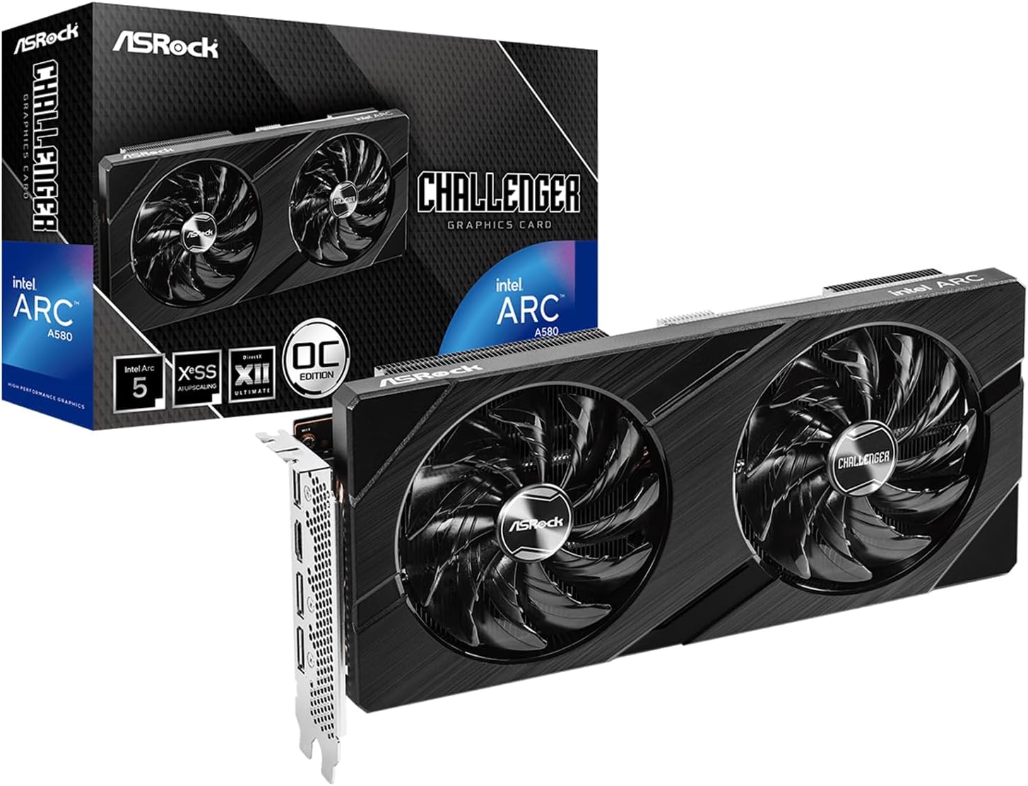 ASRock Challenger Intel ARC A580 CL 8G GDDR6 256-bit Dual Fan Design 2000 MHz 16 Gbps 0dB Silent Cooling