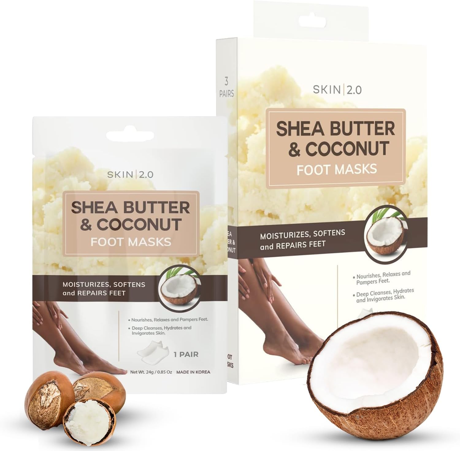 Shea Butter and Coconut Foot Masks Moisturizing Socks – Softens Calluses, Soothes & Treats Cracked Heels, Hydrating Foot Mask – Cruelty Free Korean Skin Care For All Skin Types – 3 Pairs