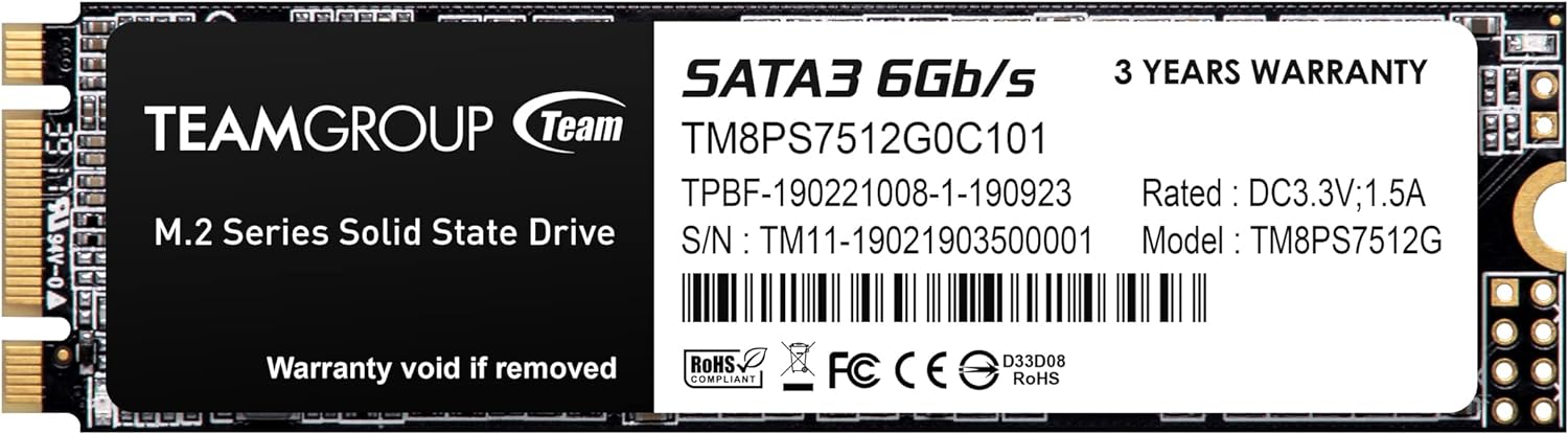 TEAMGROUP MS30 512GB with SLC Cache 3D NAND TLC M.2 2280 SATA III 6Gb/s Internal Solid State Drive SSD (Read/Write Speed up to 530/430 MB/s) Compatible with Laptop & PC Desktop TM8PS7512G0C101