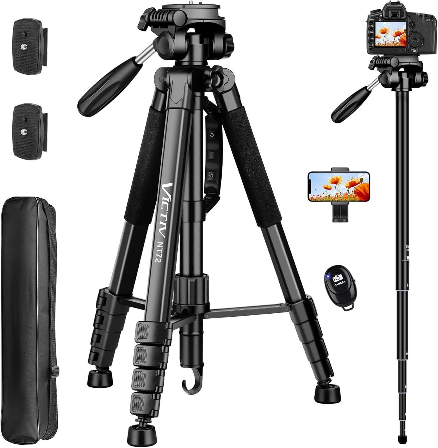 Tripod for Camera, 72″ Tall Camera Tripod with Remote, Compact Camera Stand Tripod for Phone, Lightweight DSLR Tripod& Monopod, Professional Heavy Duty Tripod for Spotting Scope, Telescope, Binocular