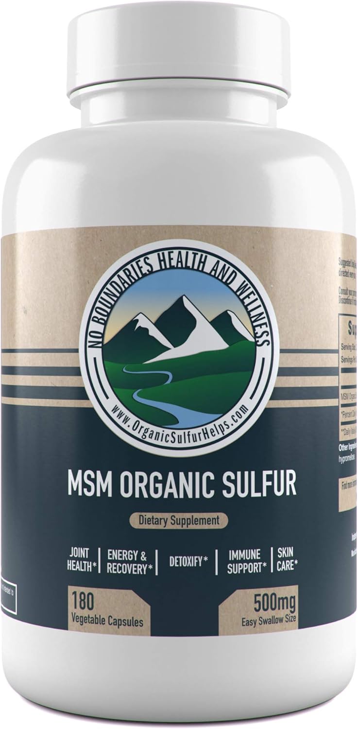 500mg MSM Organic Sulfur Capsules by No Boundaries Health and Wellness – 180 Vegetable Capsules: No Excipients or Fillers – Premium Health Supplement: 99.9% Pure MSM Powder – Joints, Skin, Hair, Nail