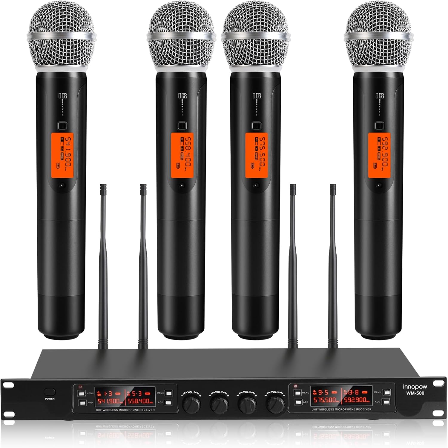 4 Channel Wireless Microphones System, Quad UHF Cordless Mic Set,4 * 40 Groups Metal Handheld Dynamic, Auto Scan, Long Range 200-300Ft,16 Hours Use for Church,Singing Bands (WM500)