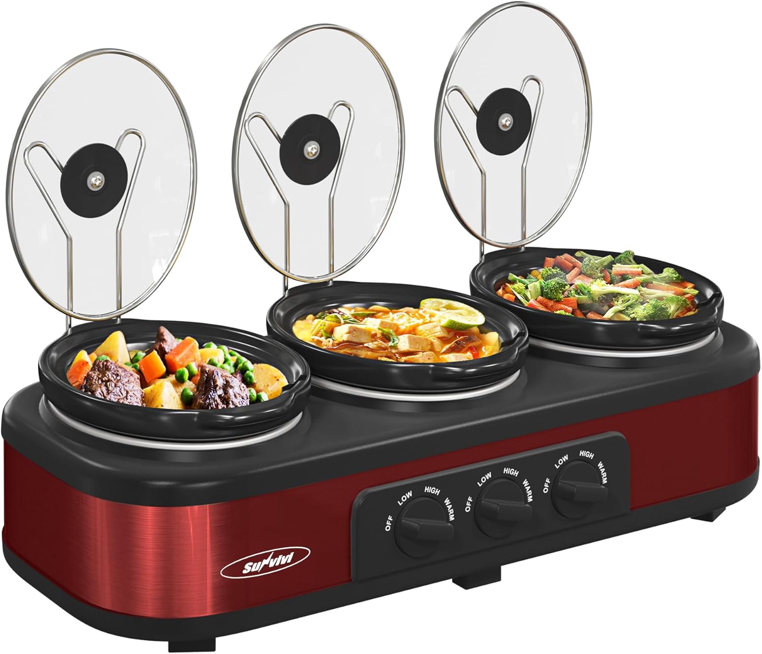 Sunvivi Triple Slow Cooker Buffet Servers and Warmer,3 Pot Food Small Mini Manual Slow Cooker with Adjustable Temp Stainless Steel Lid Rests,Removable Ceramic Pot,4.5 QT Red